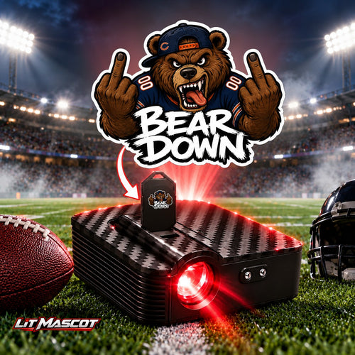Bear Down mascot projector light - Double Birds glowing over the Lit Mascot door projector