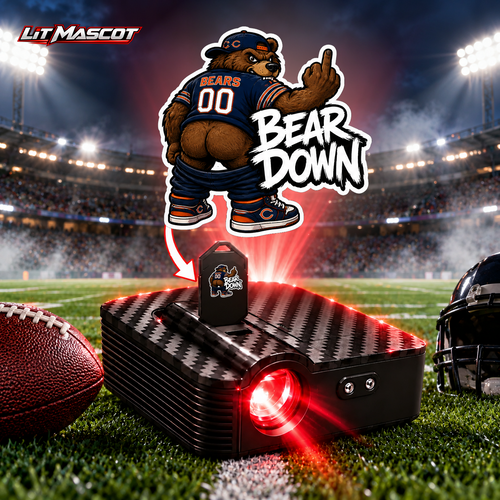 Bear Down mascot projector light - Full Moon glowing over the Lit Mascot door projector