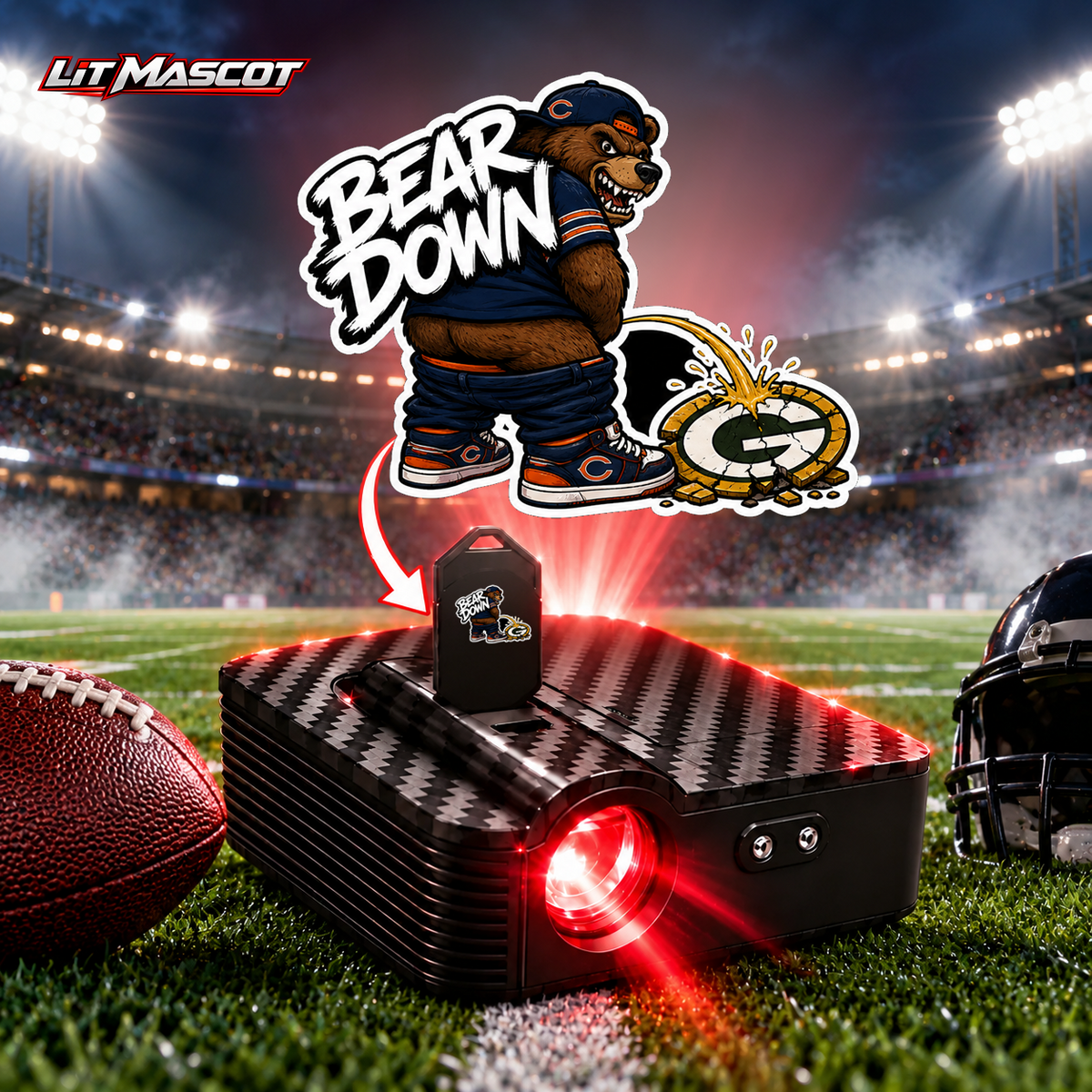 Bear Down mascot projector light - Star Shower glowing over the Lit Mascot door projector