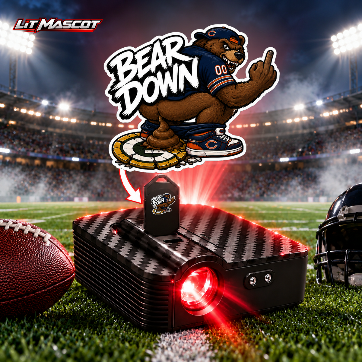 Bear Down mascot projector light - Bombs Away glowing over the Lit Mascot door projector