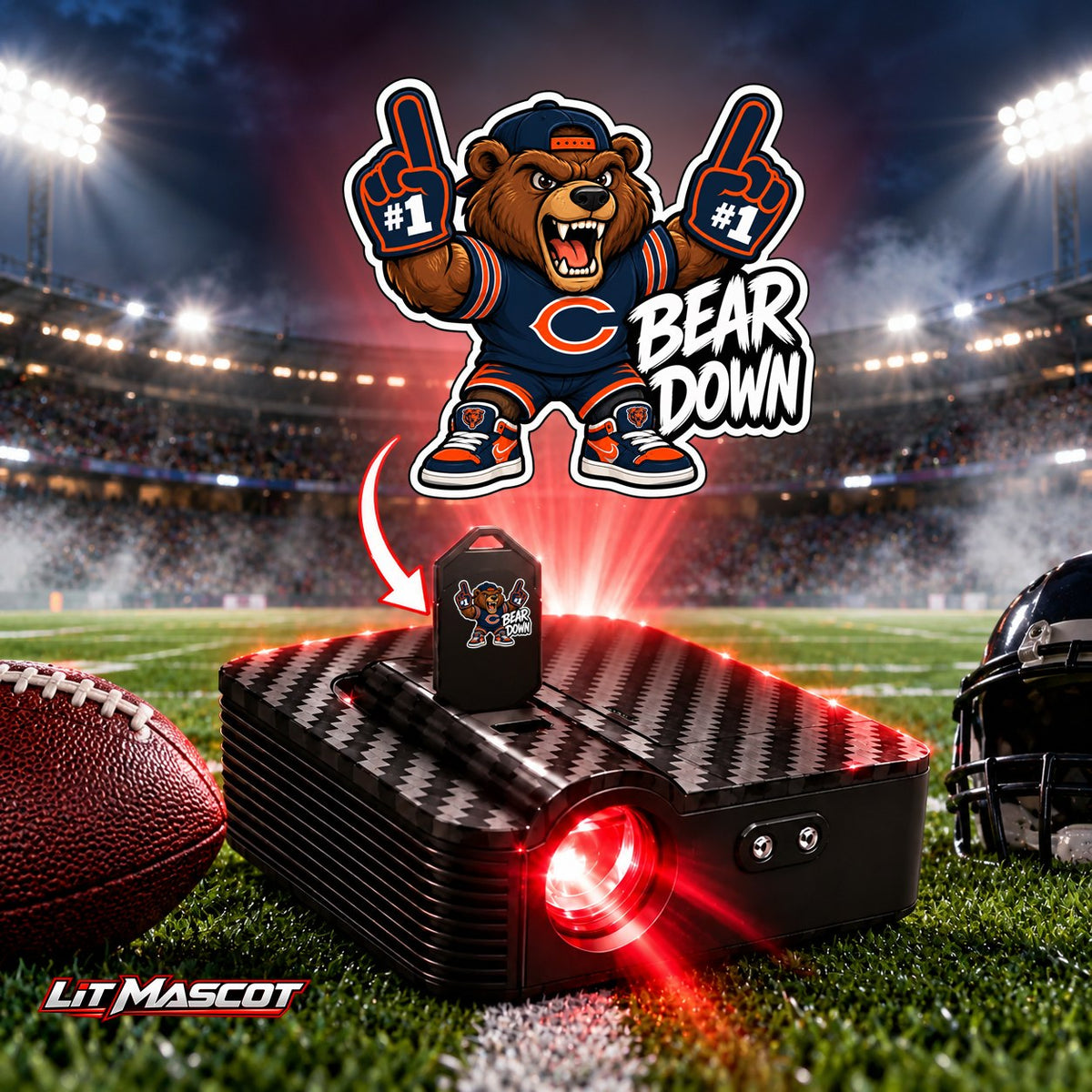 Bear Down mascot projector light - PG #1 glowing over the Lit Mascot door projector