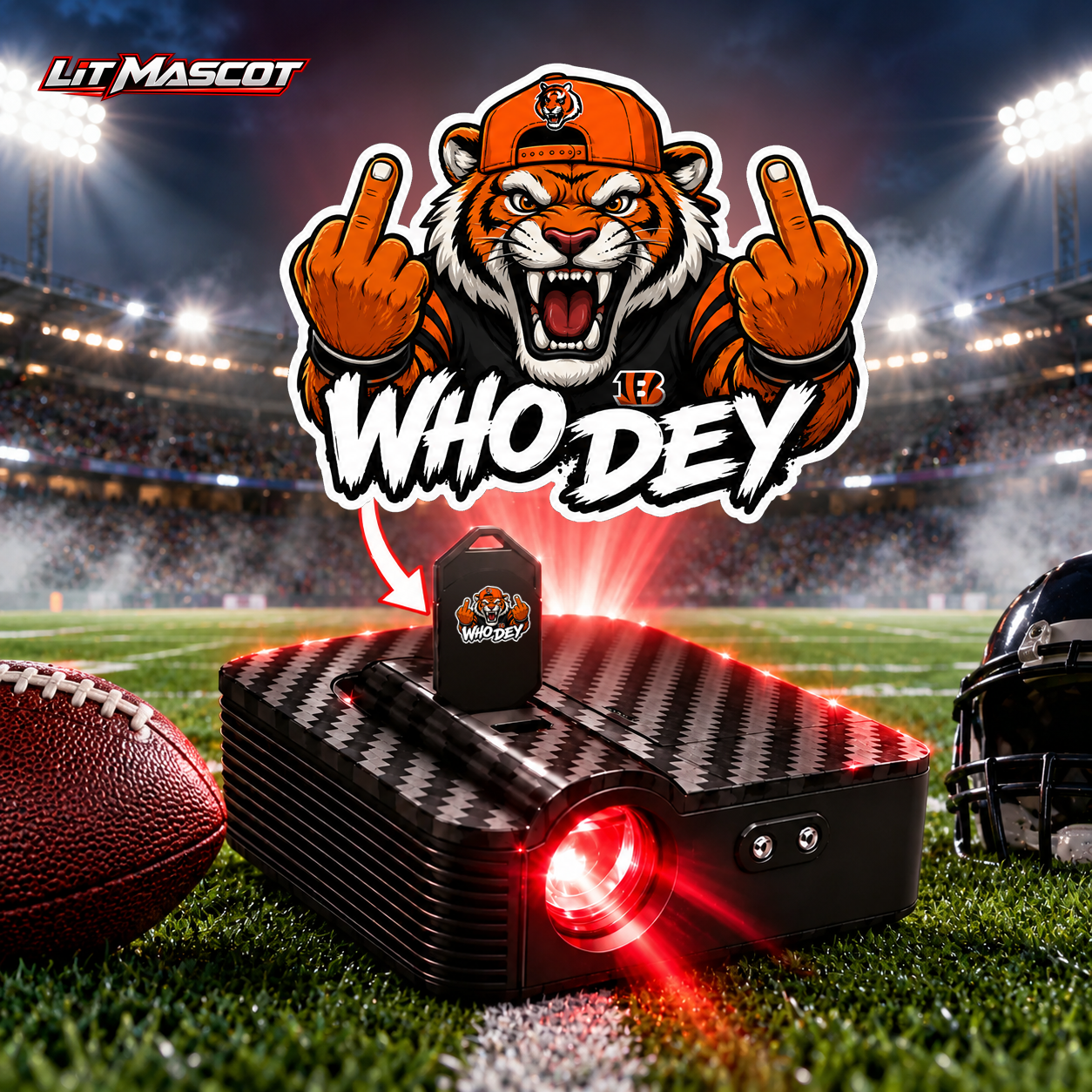 Who Dey mascot projector light - Double Birds glowing over the Lit Mascot door projector