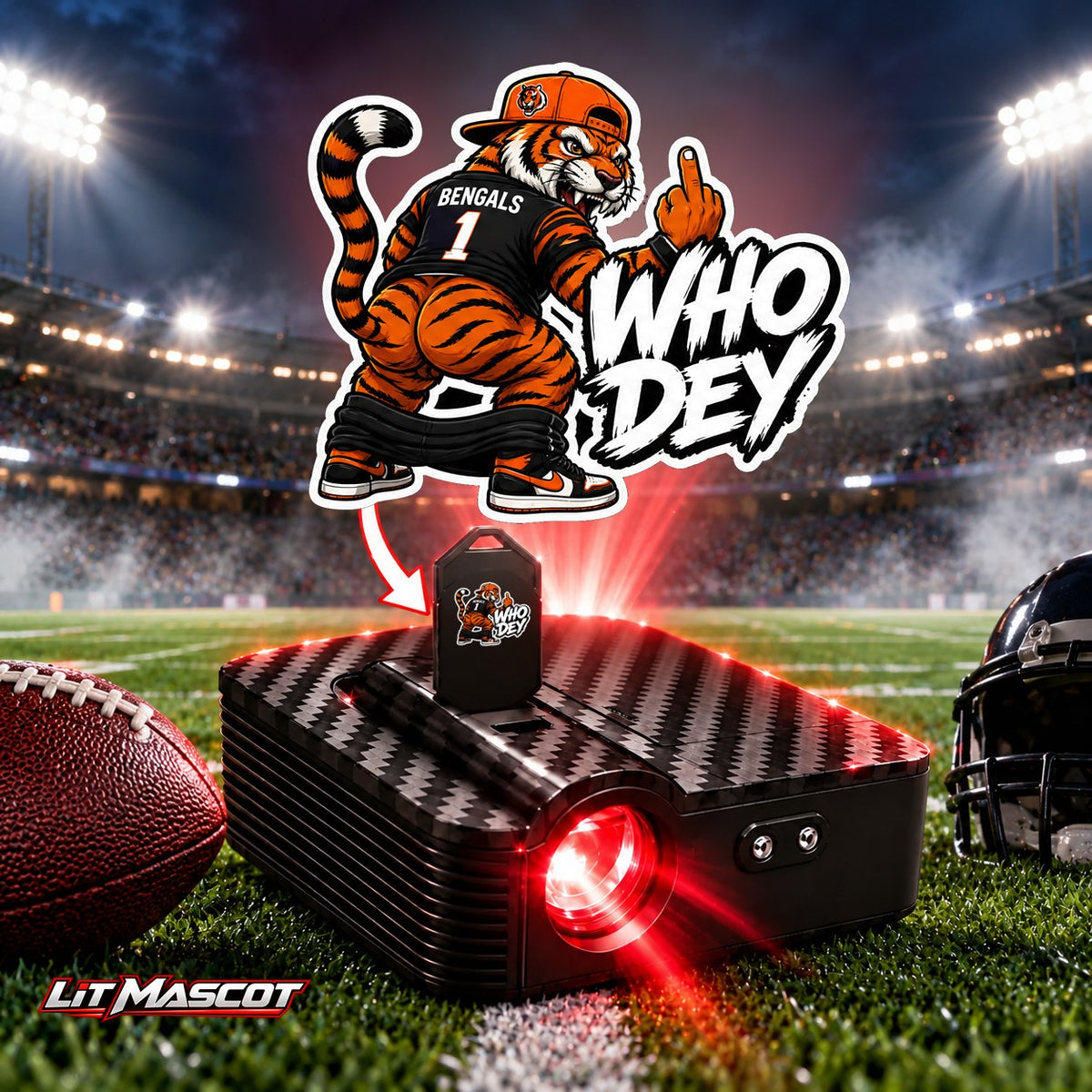 Who Dey mascot projector light - Full Moon glowing over the Lit Mascot door projector