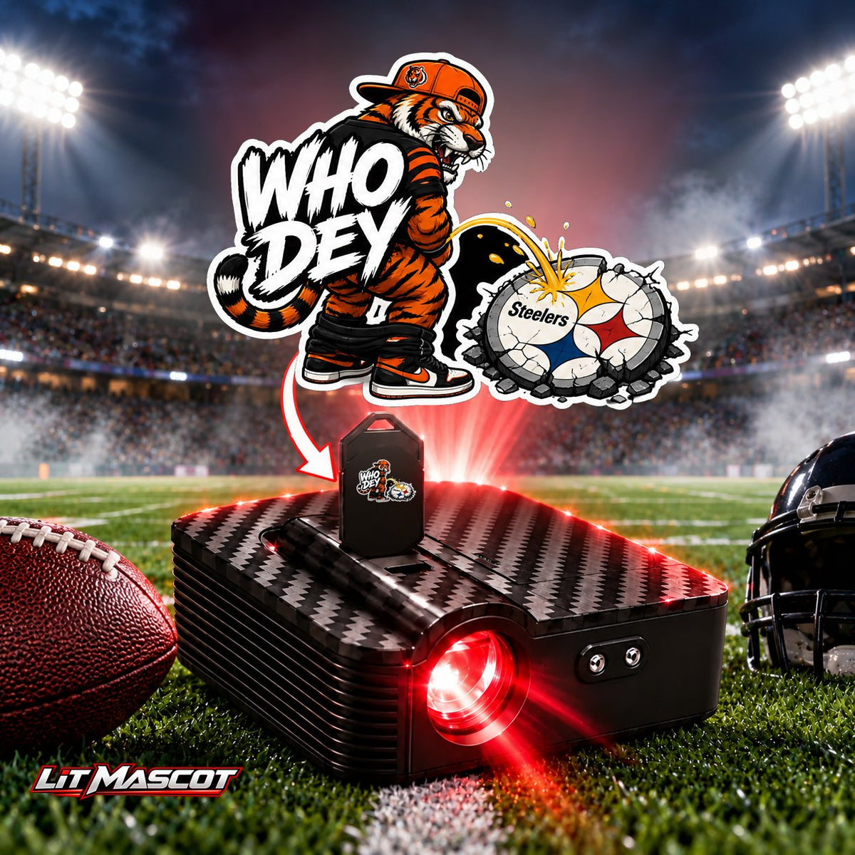 Who Dey mascot projector light - Star Shower glowing over the Lit Mascot door projector