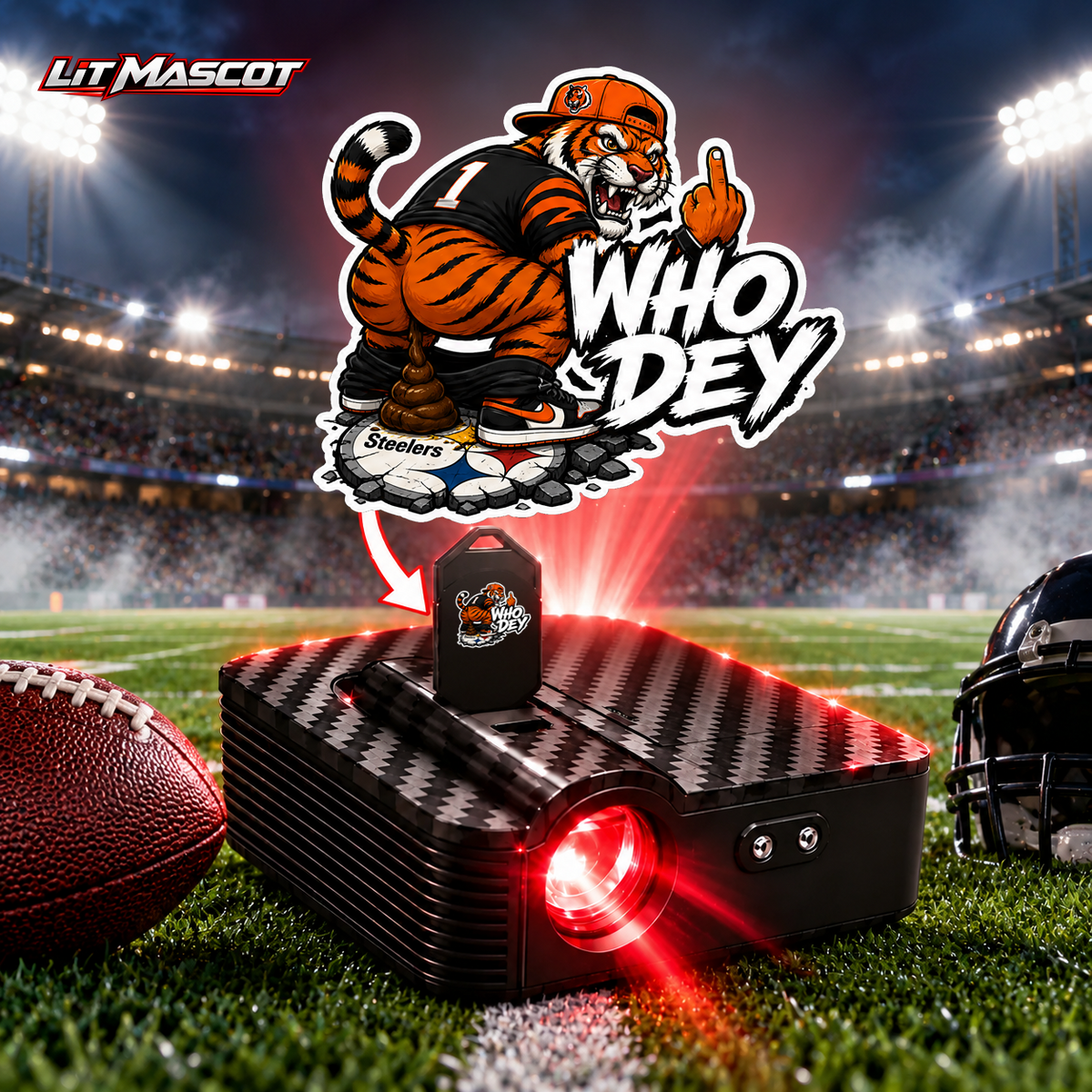 Who Dey mascot projector light - Bombs Away glowing over the Lit Mascot door projector