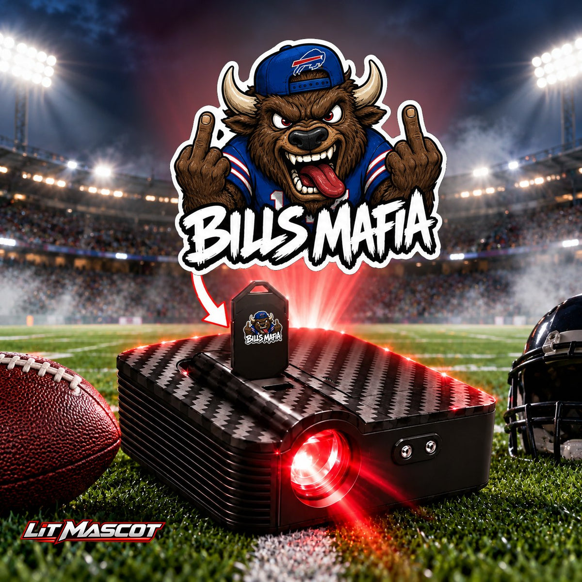 Bills Mafia mascot projector light - Double Birds glowing over the Lit Mascot door projector