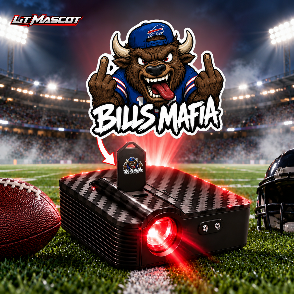 Bills Mafia mascot projector light - Double Birds glowing over the Lit Mascot door projector