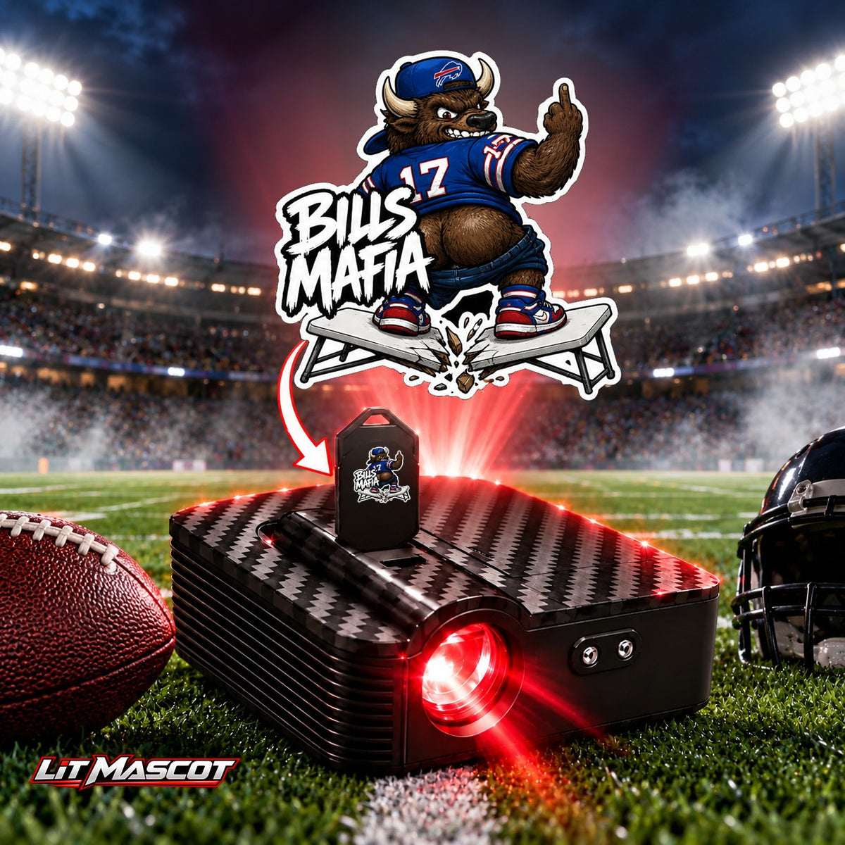 Bills Mafia mascot projector light - Full Moon glowing over the Lit Mascot door projector