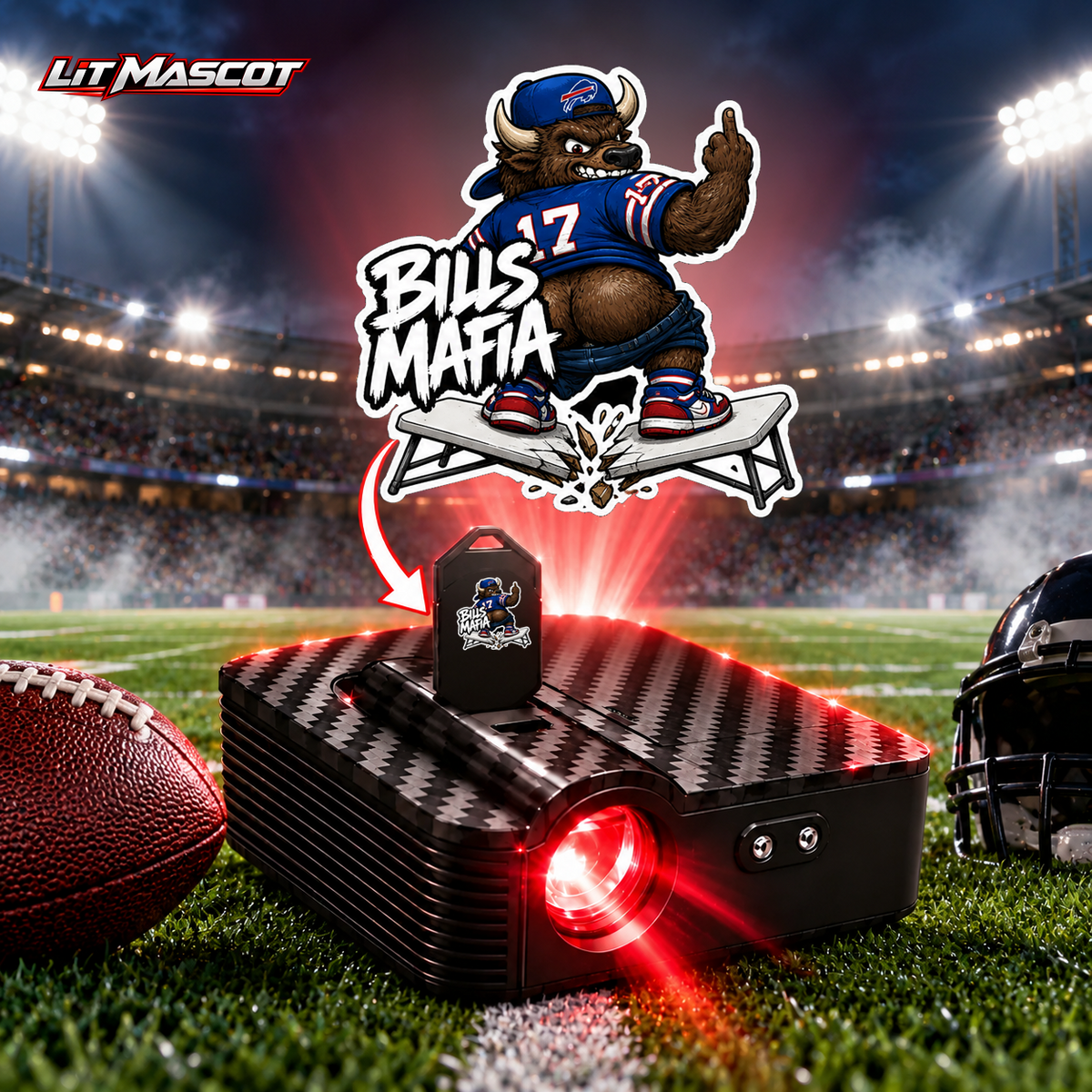 Bills Mafia mascot projector light - Full Moon glowing over the Lit Mascot door projector