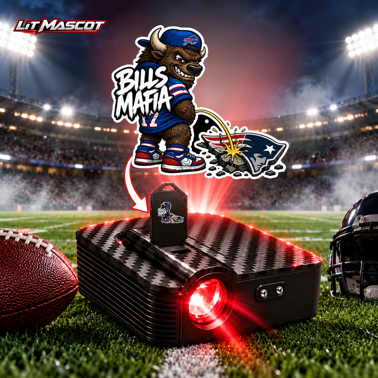 Bills Mafia mascot projector light - Star Shower glowing over the Lit Mascot door projector