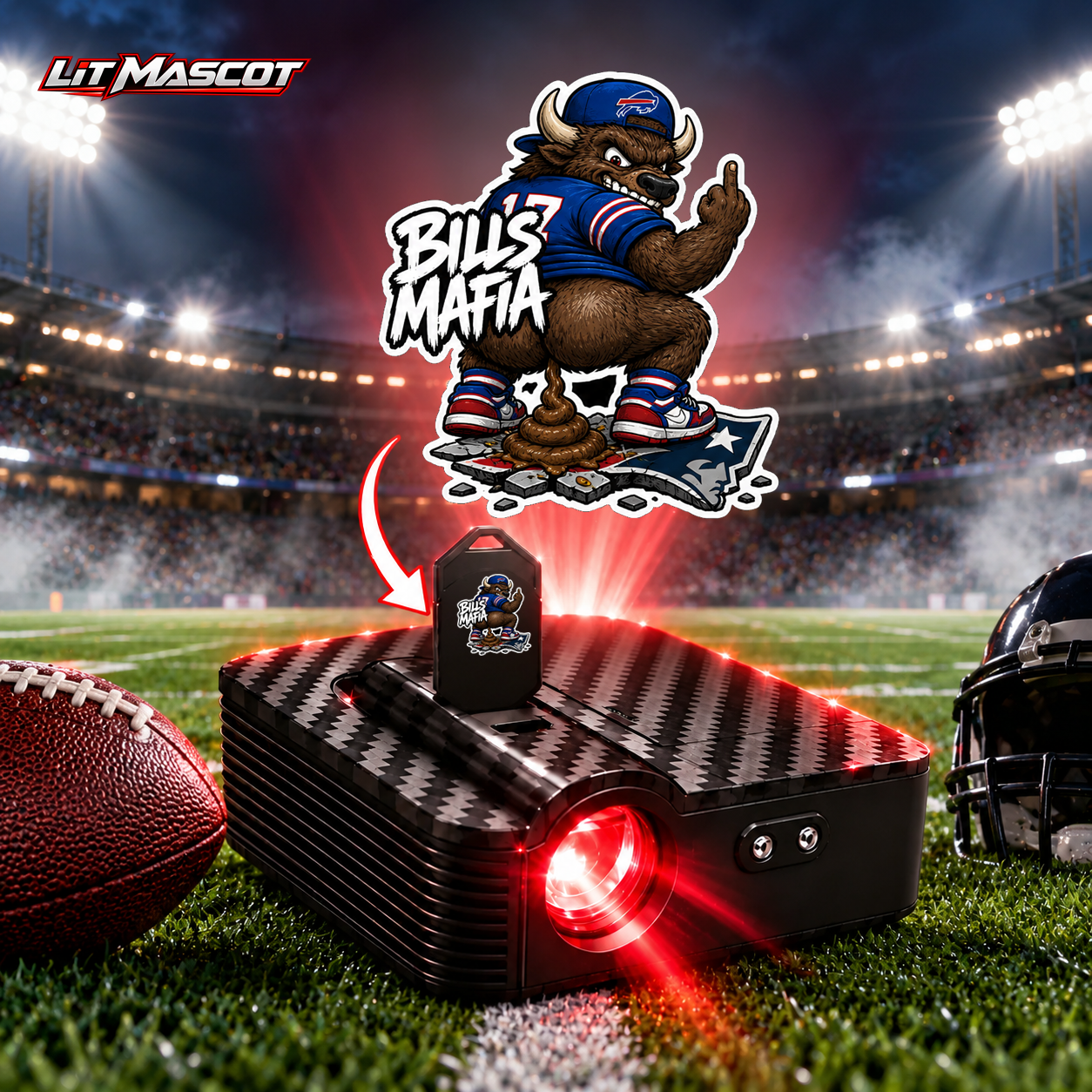 Bills Mafia mascot projector light - Bombs Away glowing over the Lit Mascot door projector