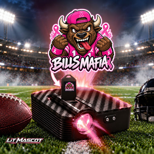 Bills Mafia mascot projector light - Pink Fighter glowing over the Lit Mascot door projector
