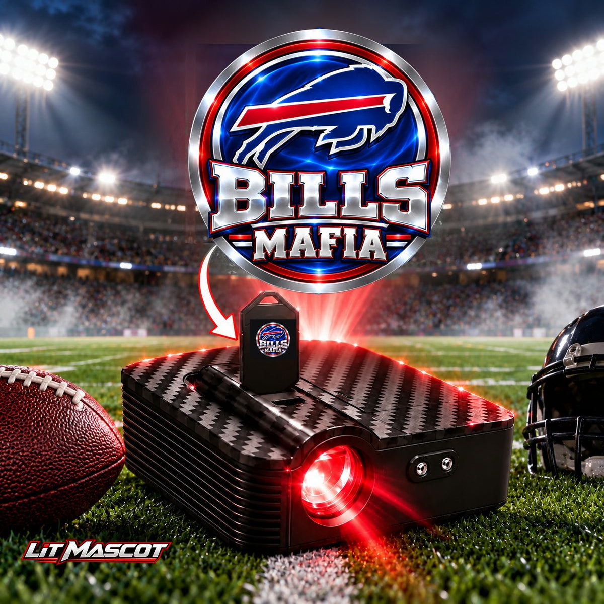 Bills Mafia mascot projector light - Bills Mafia glowing over the Lit Mascot door projector