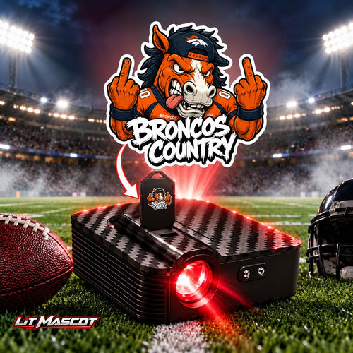 Broncos Country mascot projector light - Double Birds glowing over the Lit Mascot door projector