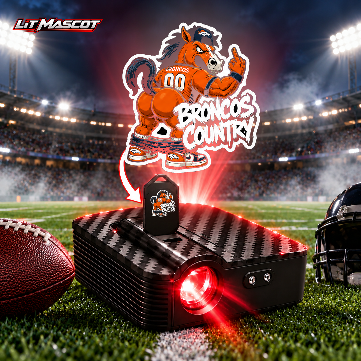 Broncos Country mascot projector light - Full Moon glowing over the Lit Mascot door projector