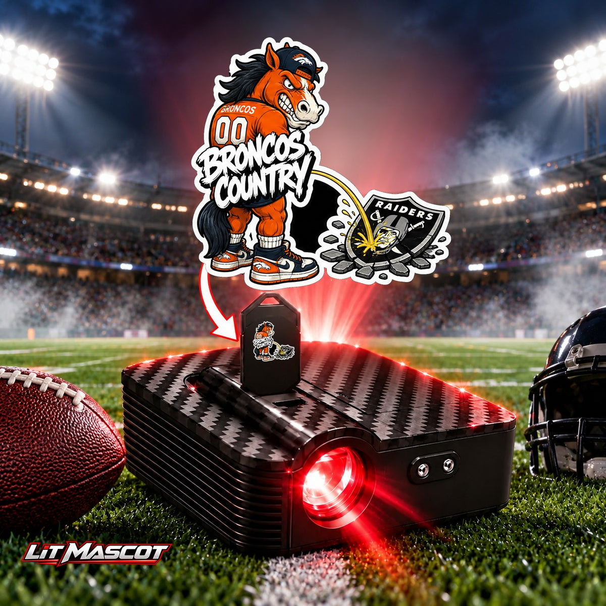 Broncos Country mascot projector light - Star Shower glowing over the Lit Mascot door projector