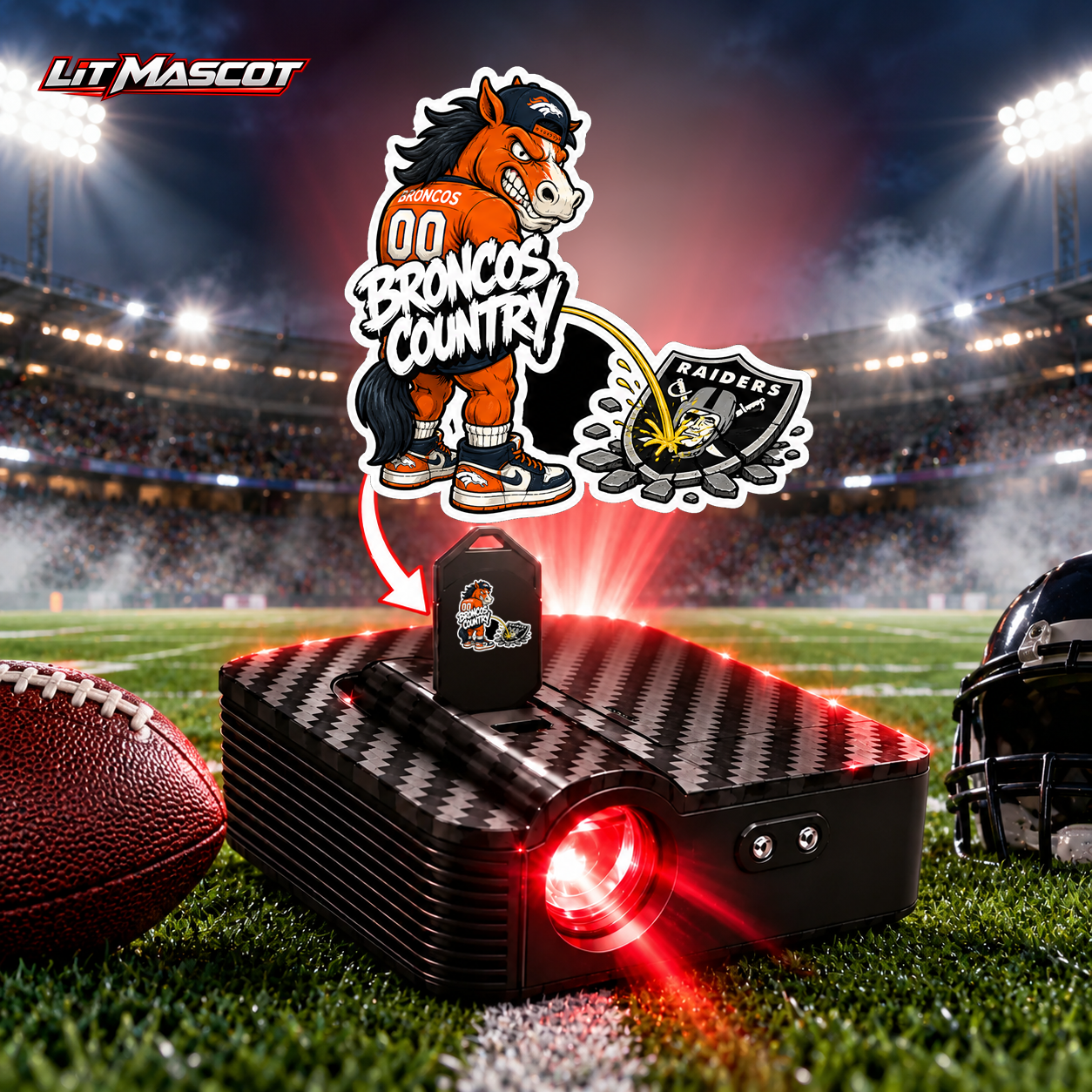Broncos Country mascot projector light - Star Shower glowing over the Lit Mascot door projector