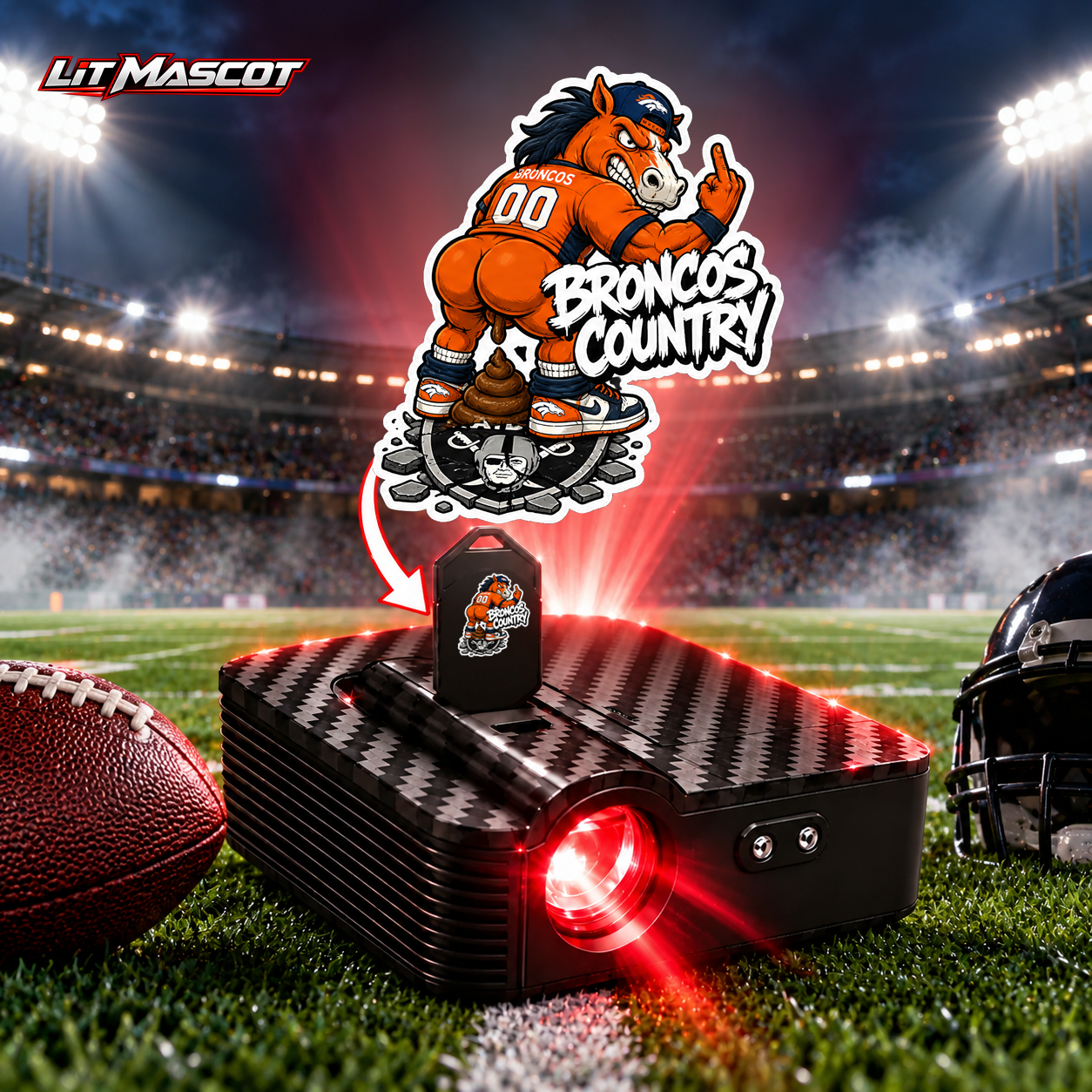Broncos Country mascot projector light - Bombs Away glowing over the Lit Mascot door projector