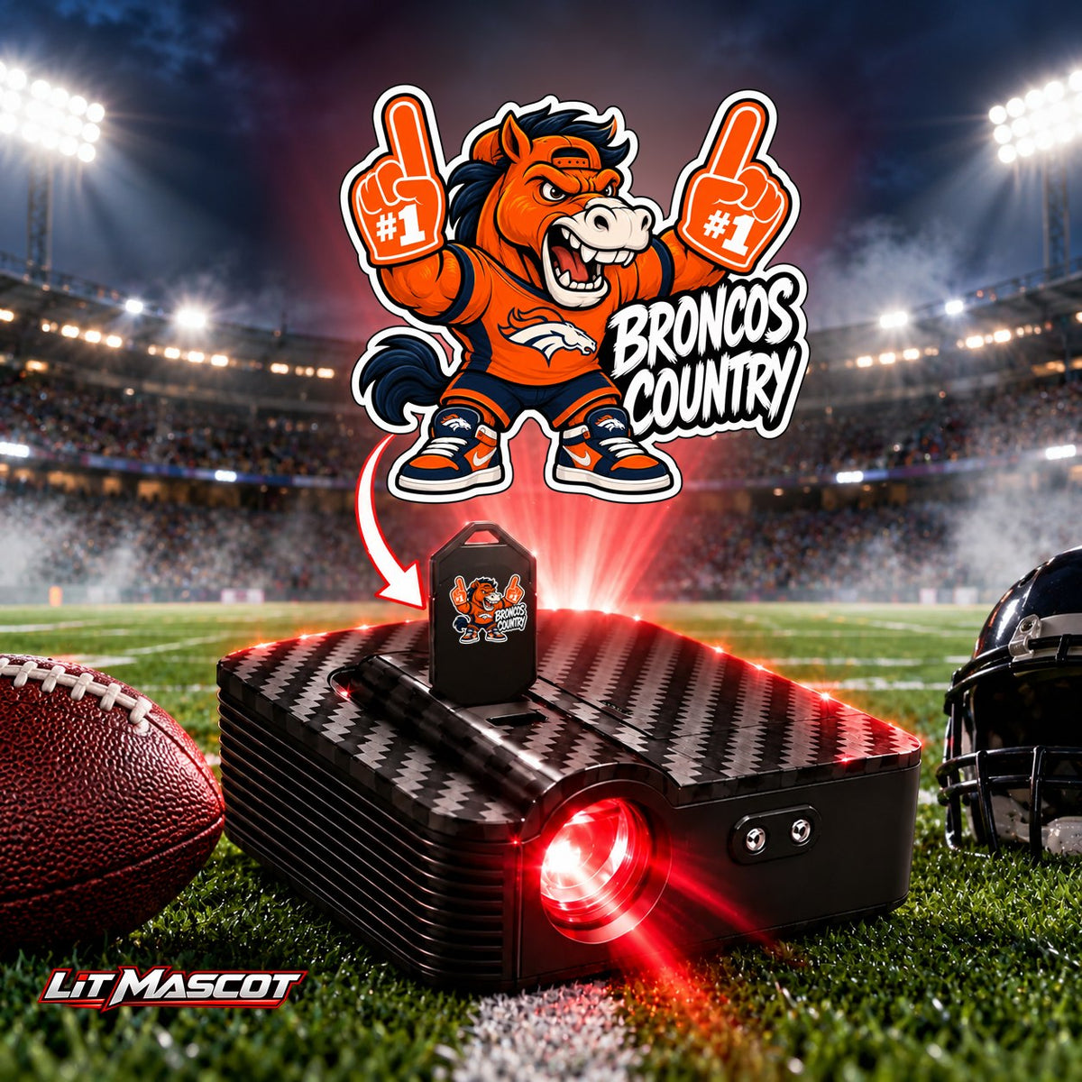 Broncos Country mascot projector light - PG #1 glowing over the Lit Mascot door projector