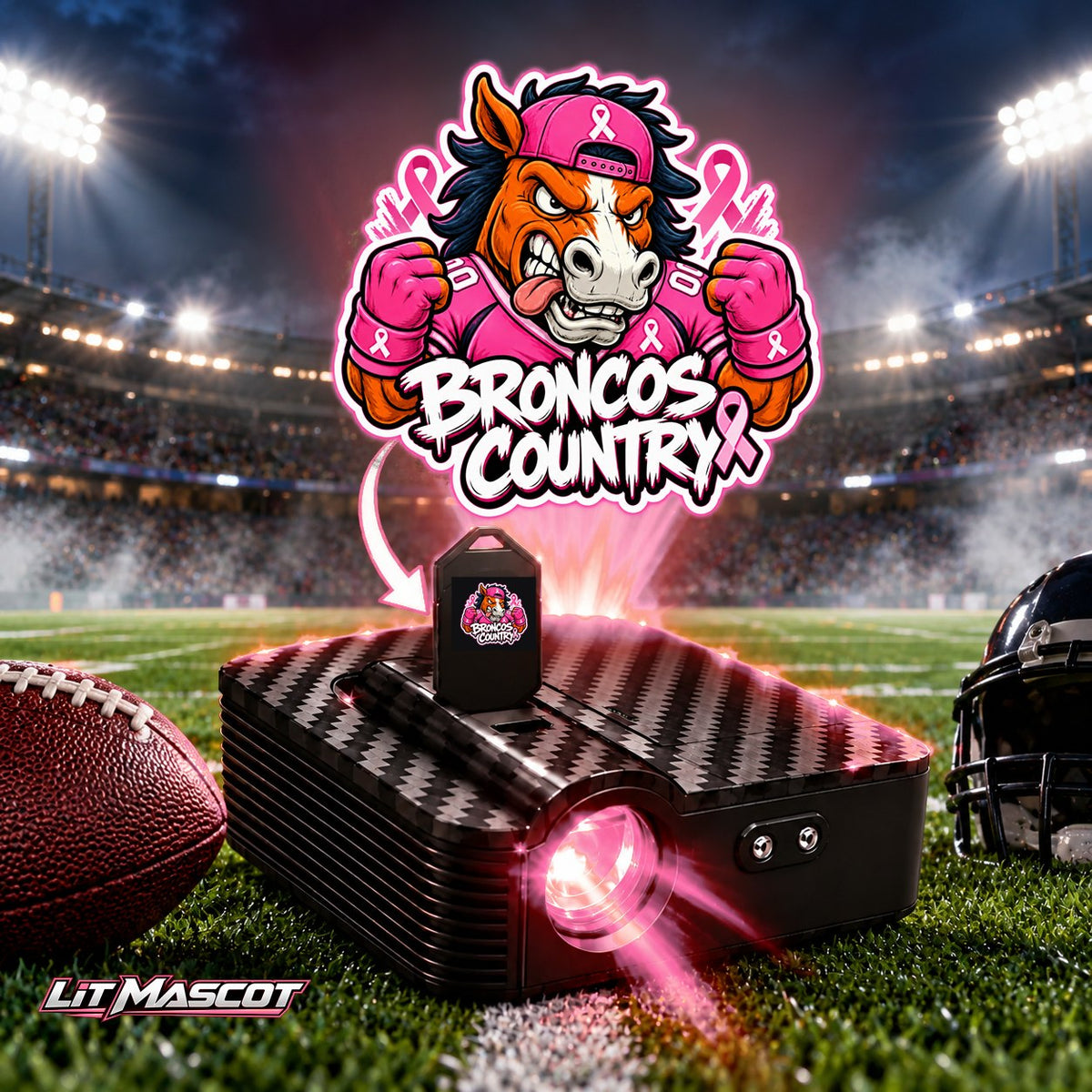 Broncos Country mascot projector light - Pink Fighter glowing over the Lit Mascot door projector