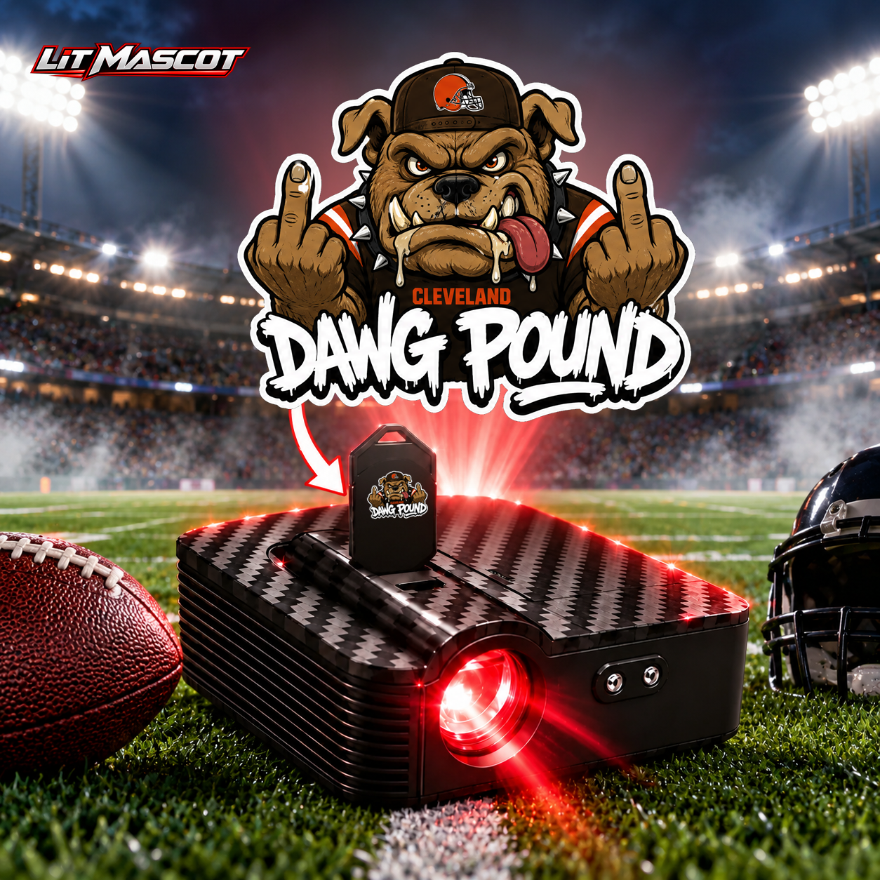 Dawg Pound mascot projector light - Double Birds glowing over the Lit Mascot door projector