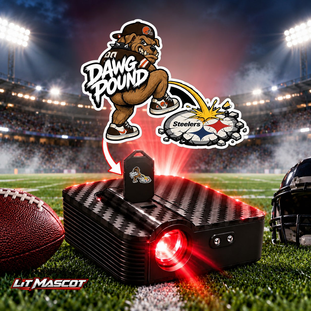 Dawg Pound mascot projector light - Star Shower glowing over the Lit Mascot door projector