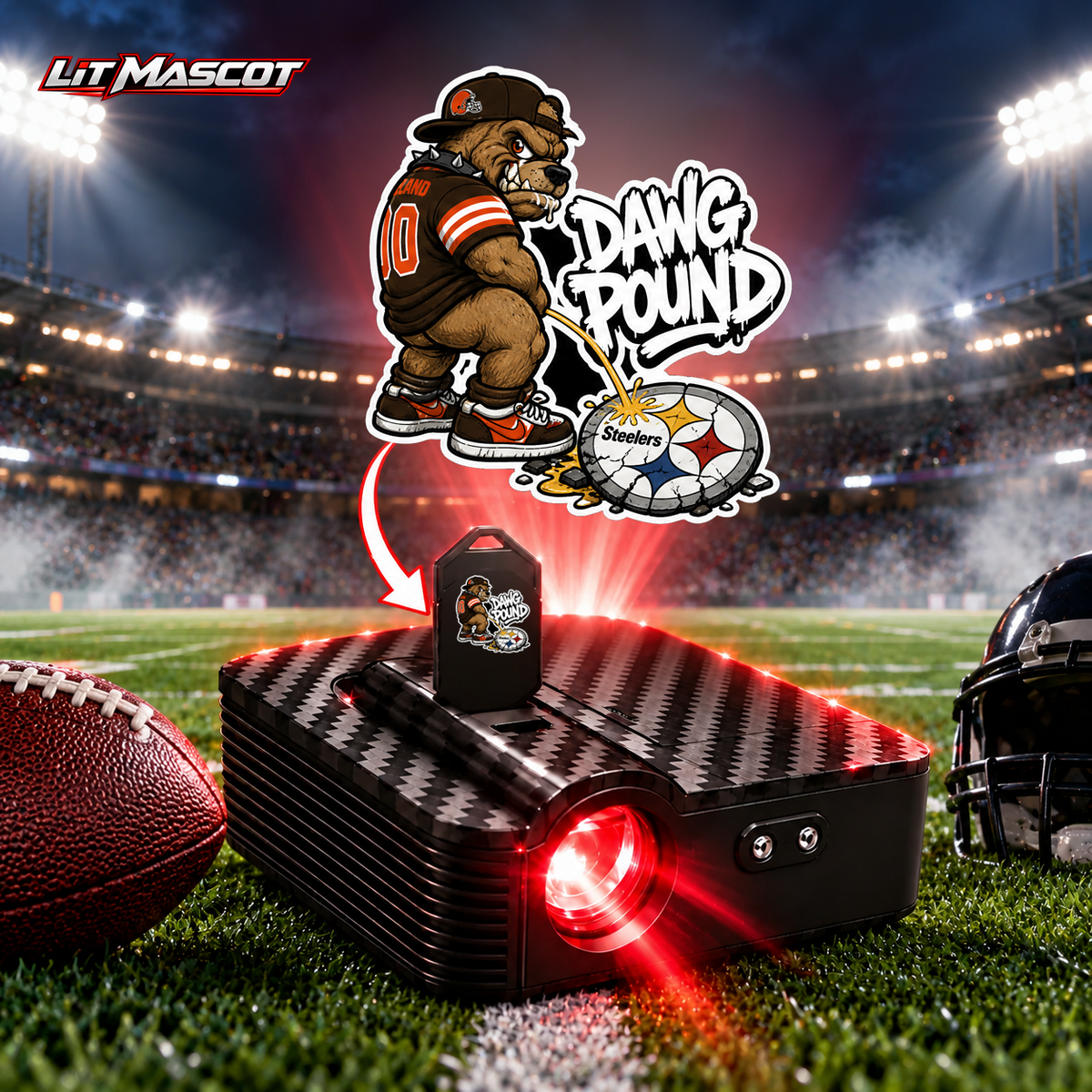 Dawg Pound mascot projector light - Star Shower glowing over the Lit Mascot door projector
