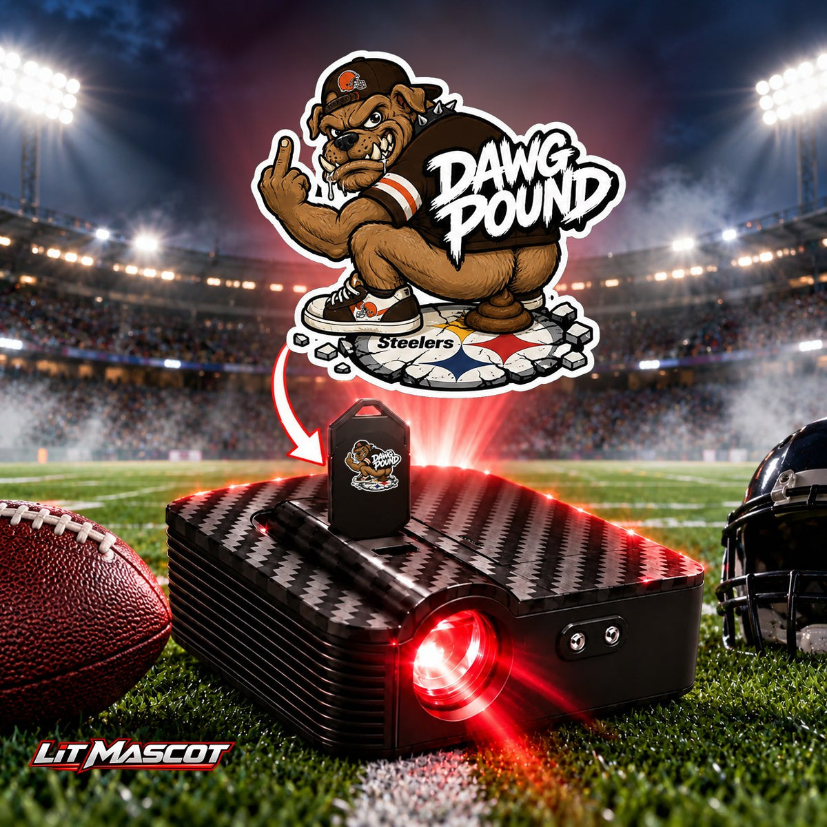 Dawg Pound mascot projector light - Bombs Away glowing over the Lit Mascot door projector