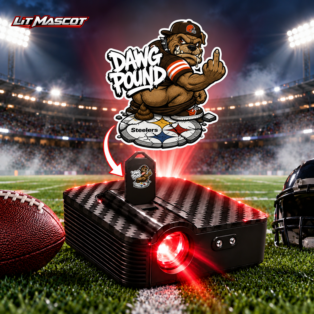 Dawg Pound mascot projector light - Bombs Away glowing over the Lit Mascot door projector