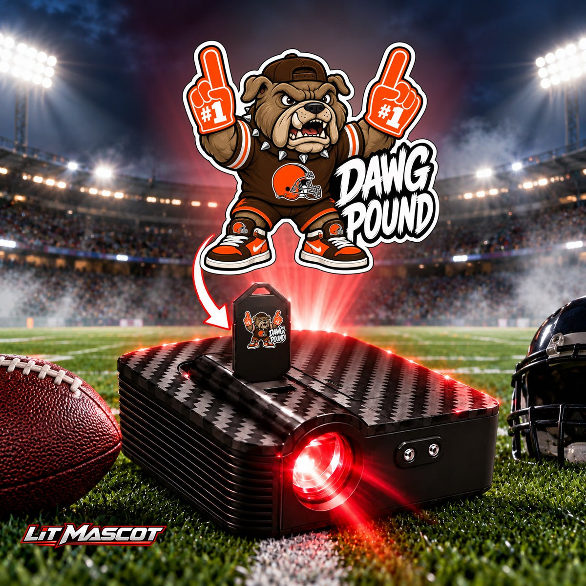 Dawg Pound mascot projector light - PG #1 glowing over the Lit Mascot door projector