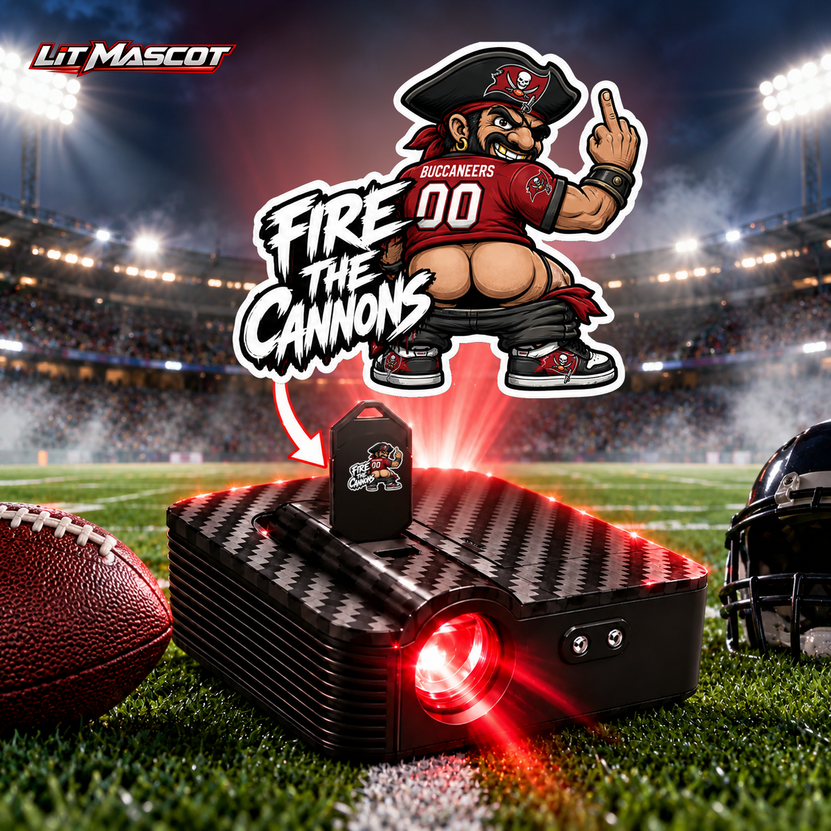 Fire the Cannons mascot projector light - Full Moon glowing over the Lit Mascot door projector