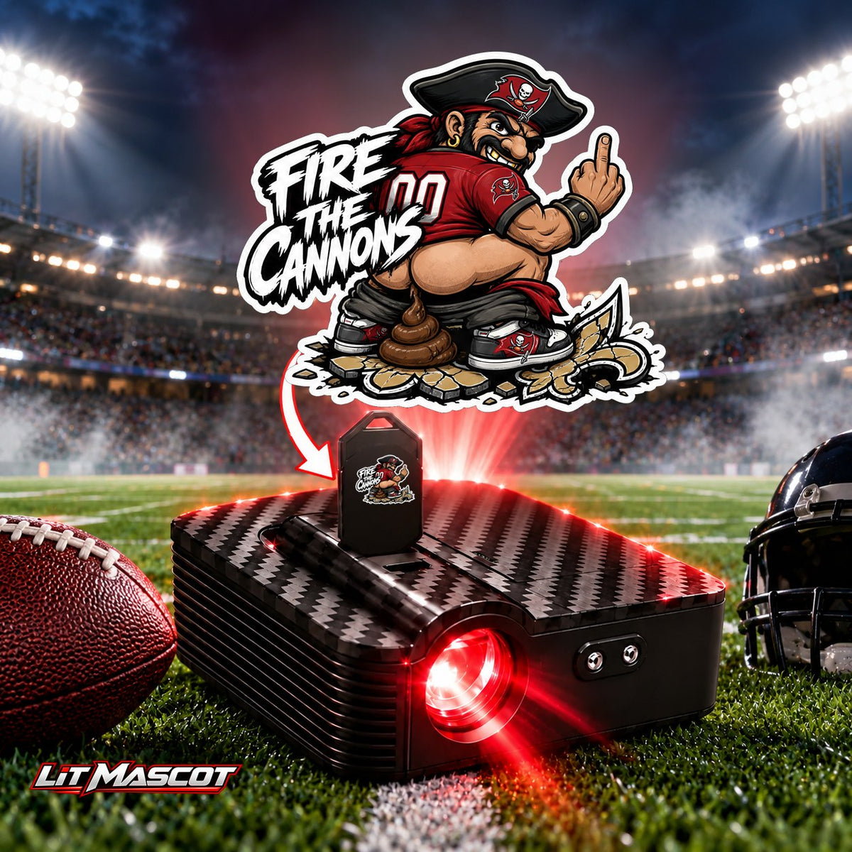 Fire the Cannons mascot projector light - Bombs Away glowing over the Lit Mascot door projector