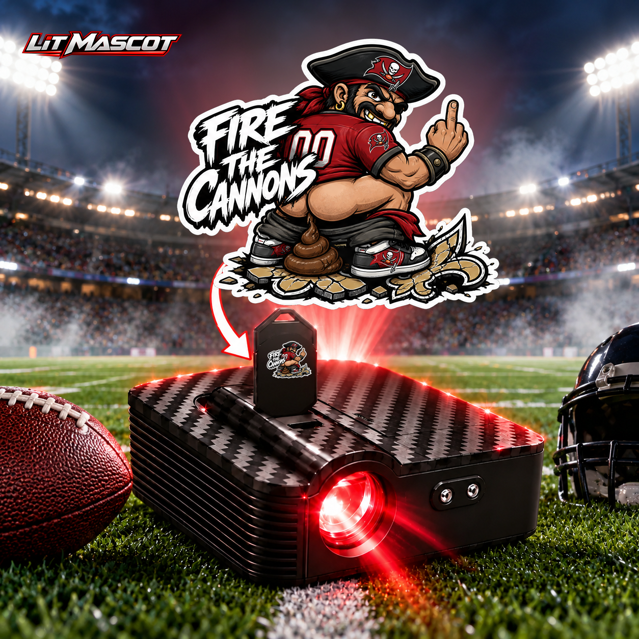 Fire the Cannons mascot projector light - Bombs Away glowing over the Lit Mascot door projector