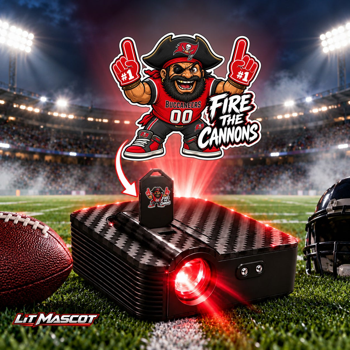Fire the Cannons mascot projector light - PG #1 glowing over the Lit Mascot door projector