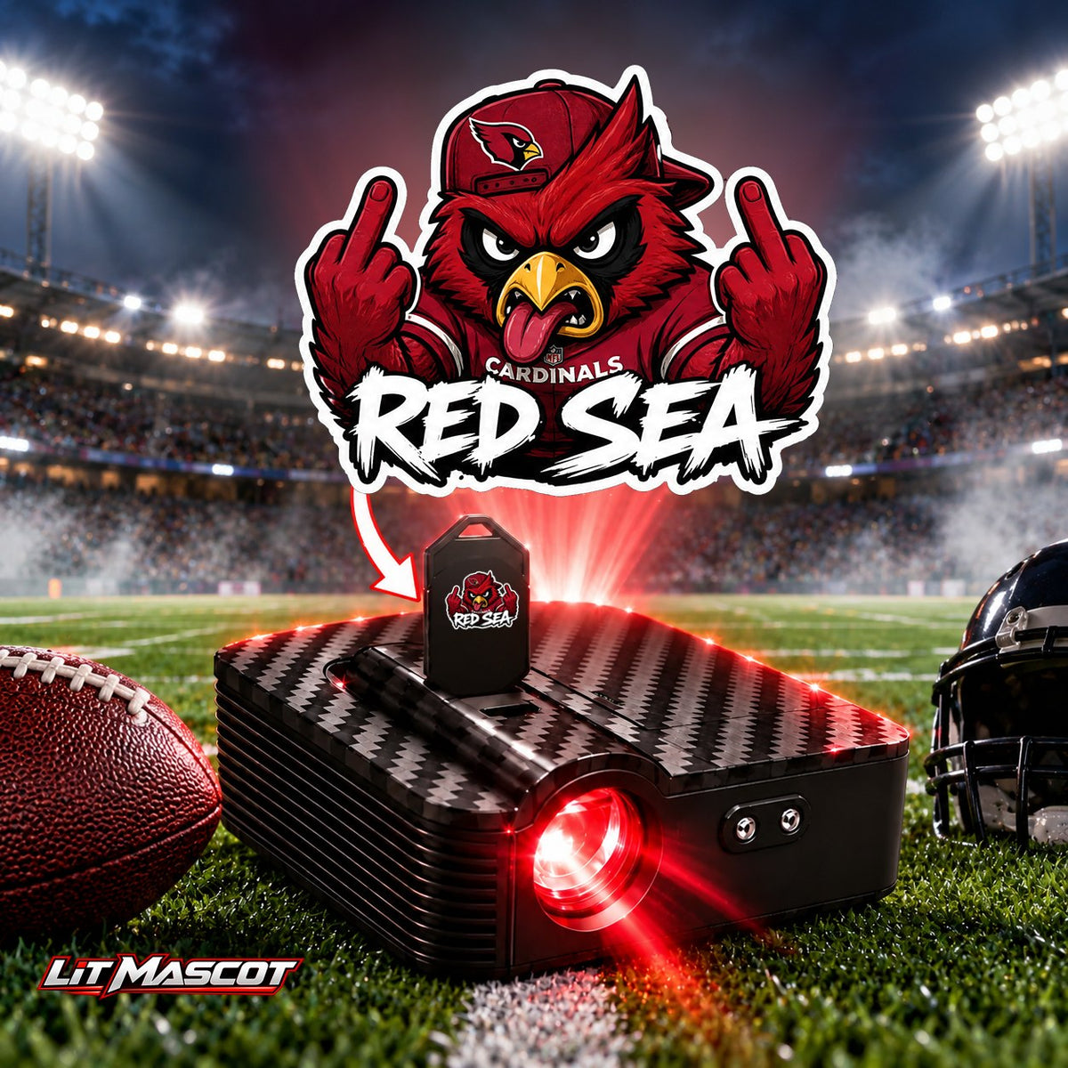 Red Sea mascot projector light - Double Birds glowing over the Lit Mascot door projector