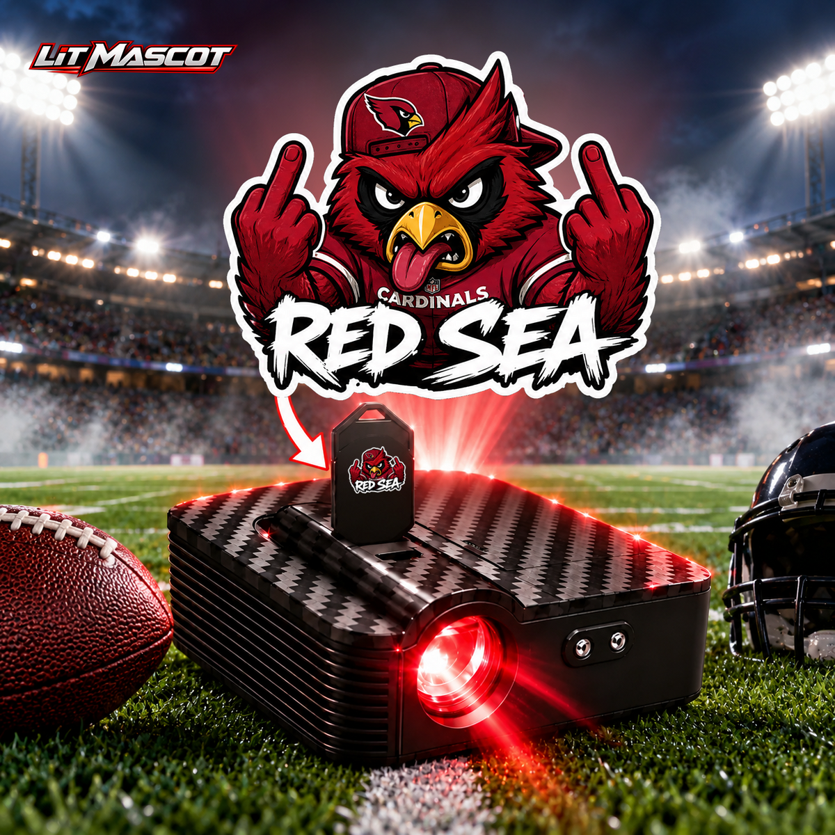Red Sea mascot projector light - Double Birds glowing over the Lit Mascot door projector