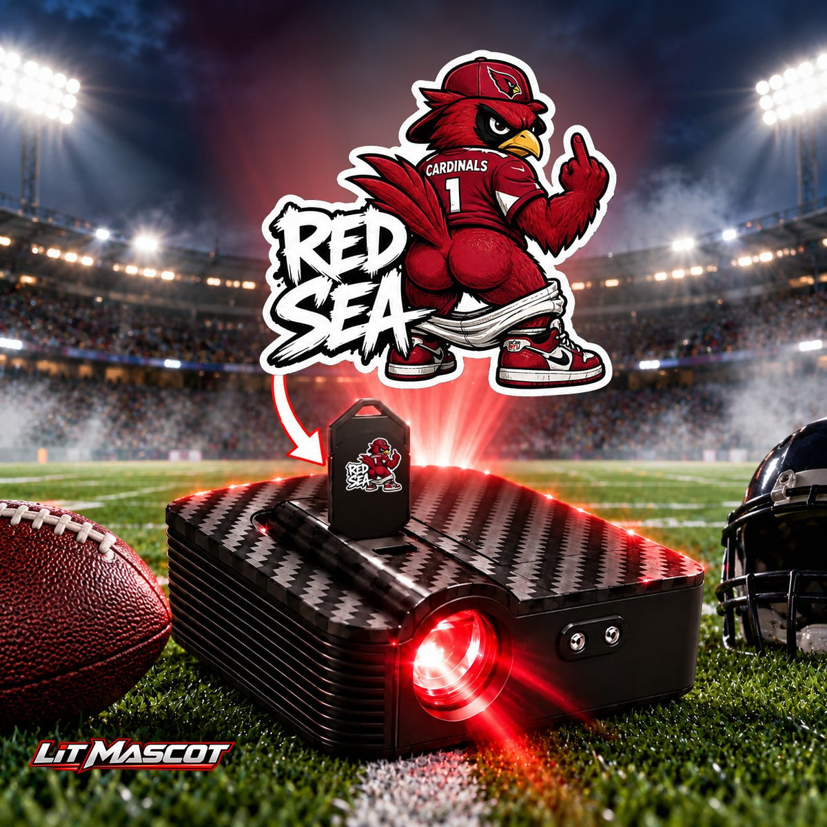 Red Sea mascot projector light - Full Moon glowing over the Lit Mascot door projector
