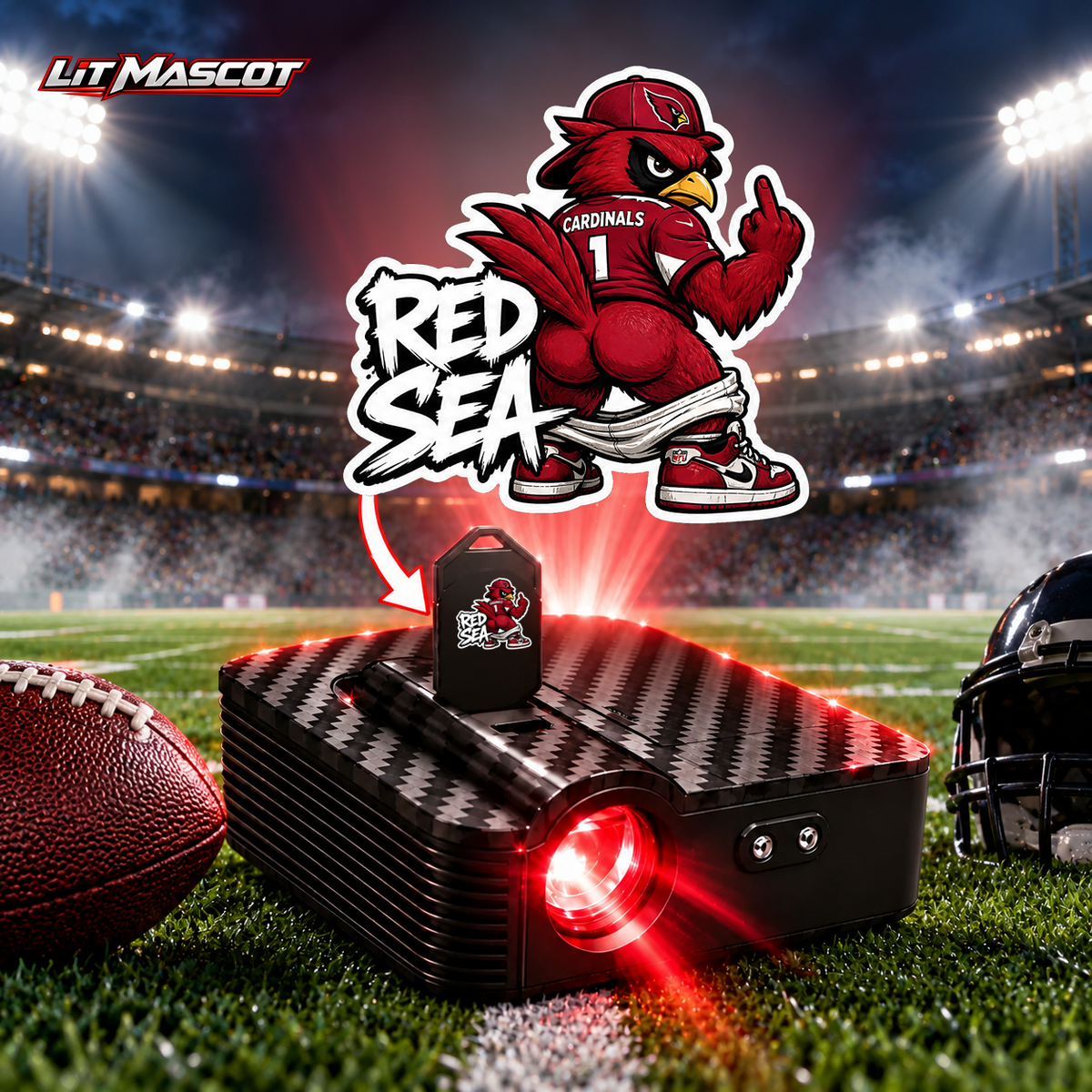Red Sea mascot projector light - Full Moon glowing over the Lit Mascot door projector