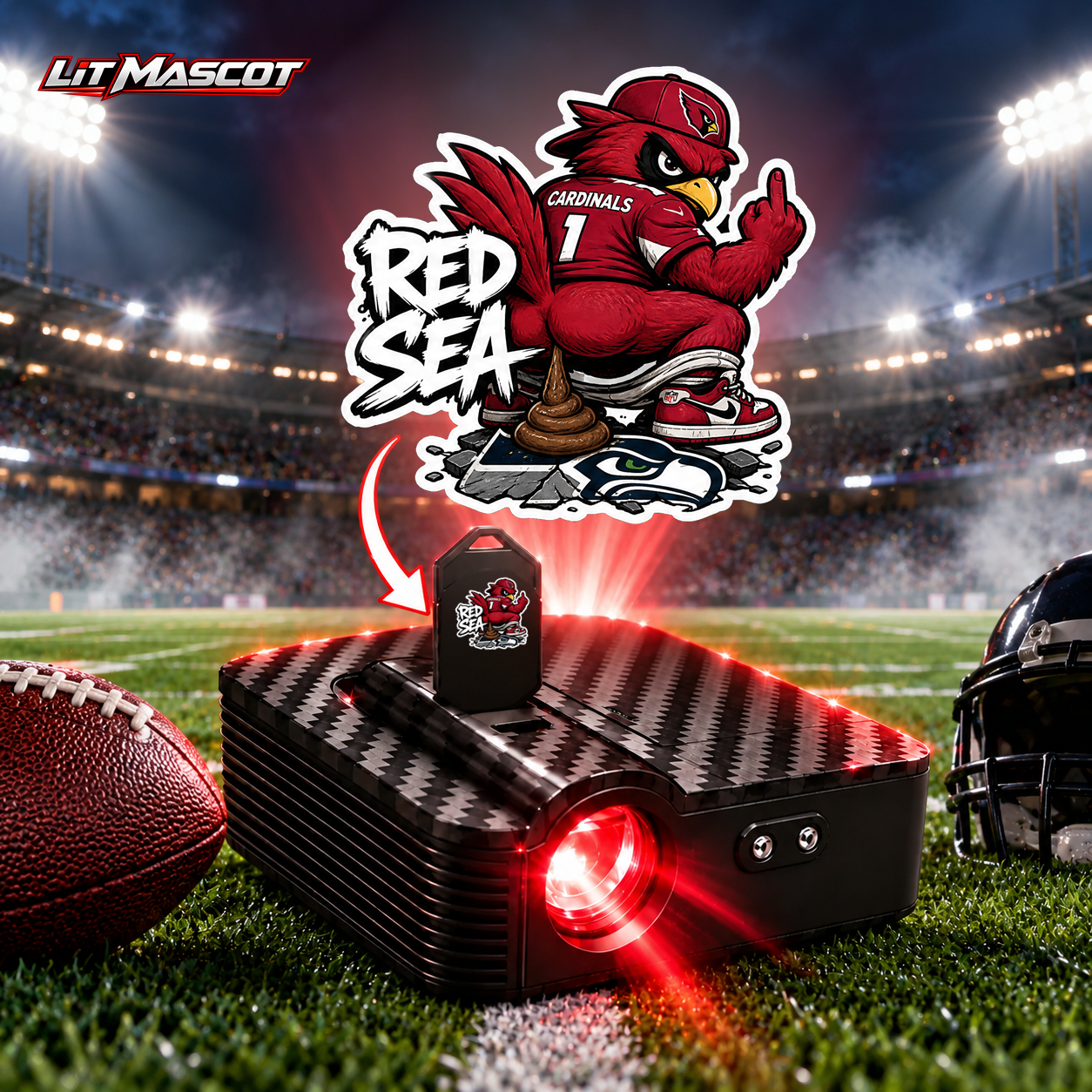 Red Sea mascot projector light - Bombs Away glowing over the Lit Mascot door projector