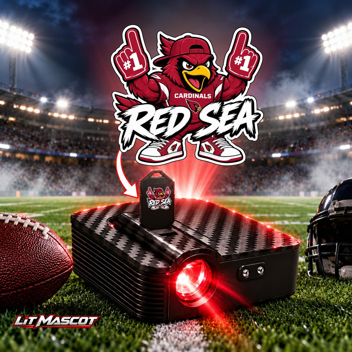 Red Sea mascot projector light - PG #1 glowing over the Lit Mascot door projector
