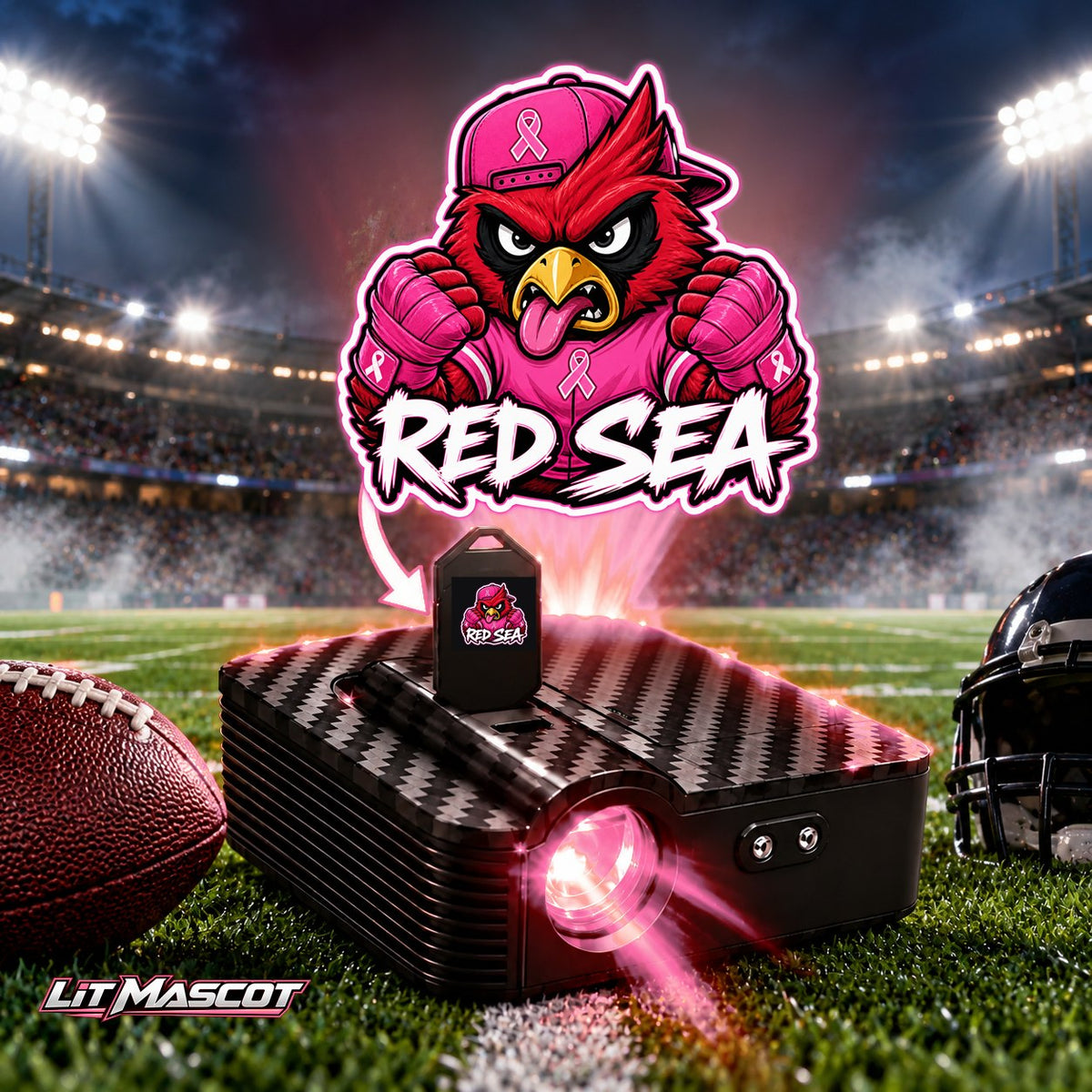 Red Sea mascot projector light - Pink Fighter glowing over the Lit Mascot door projector