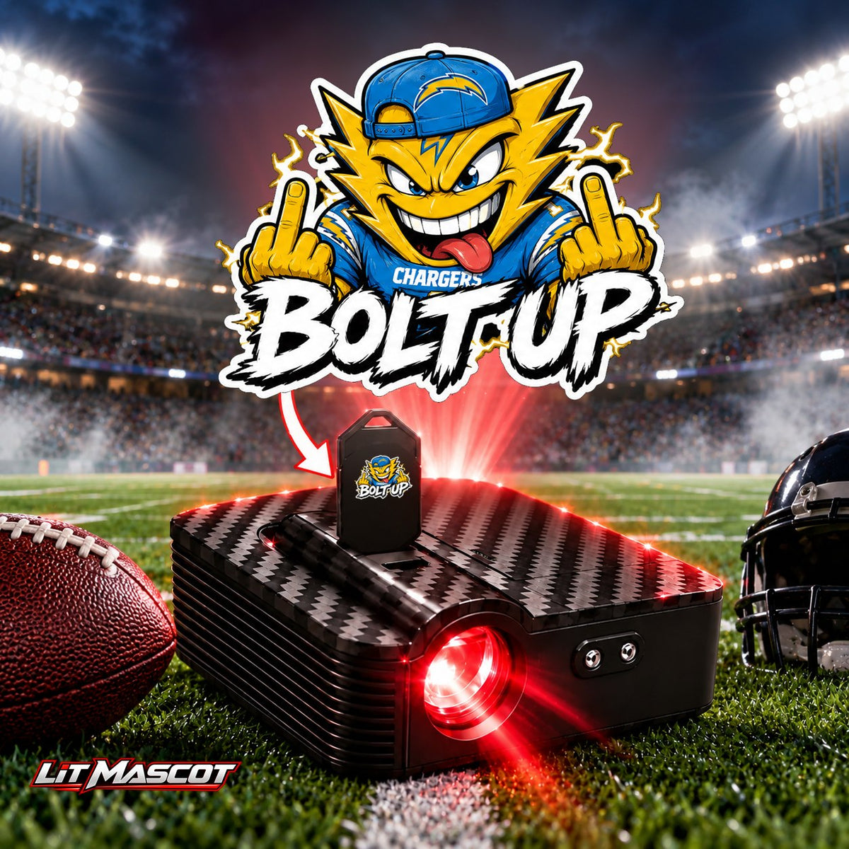 Bolt Up mascot projector light - Double Birds glowing over the Lit Mascot door projector