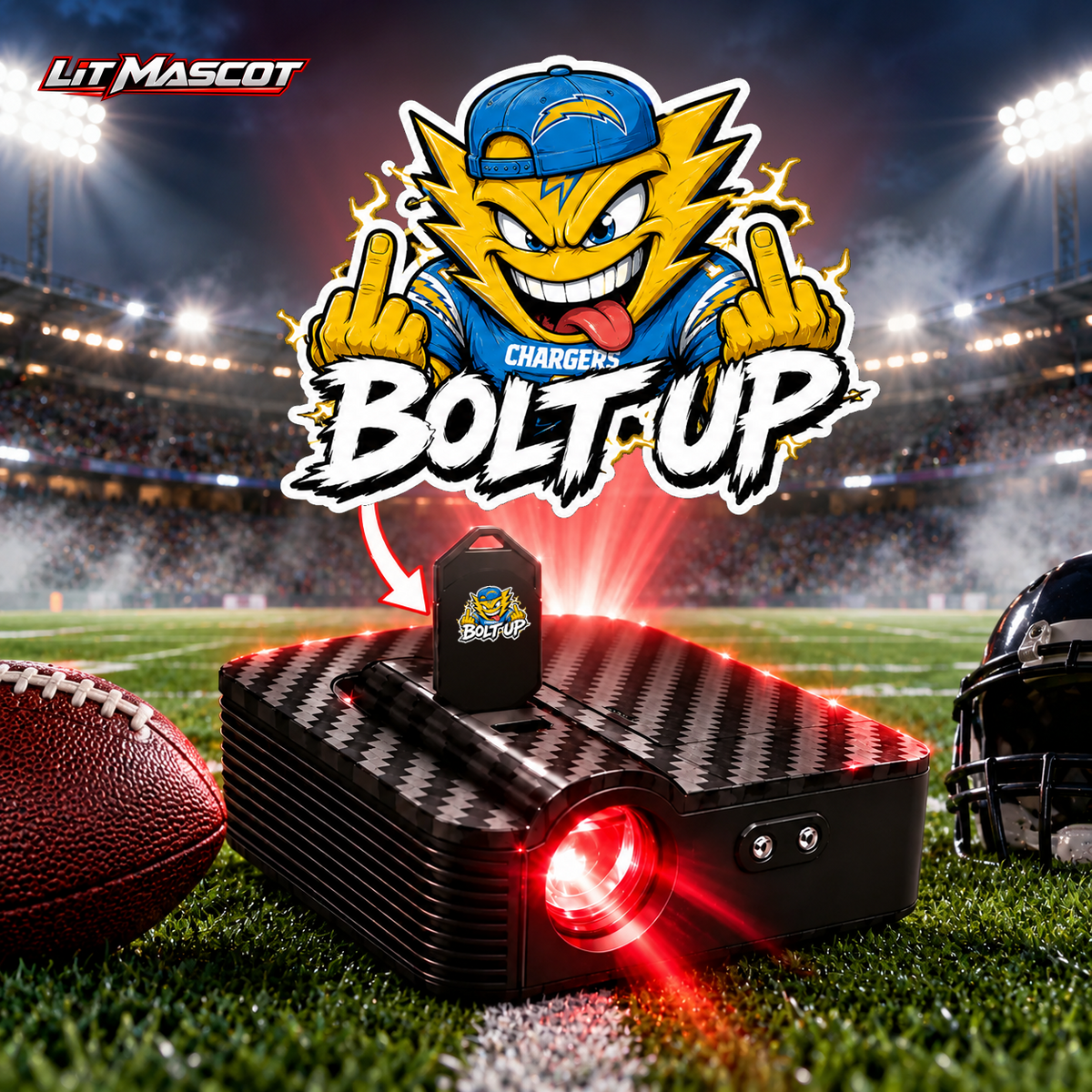 Bolt Up mascot projector light - Double Birds glowing over the Lit Mascot door projector