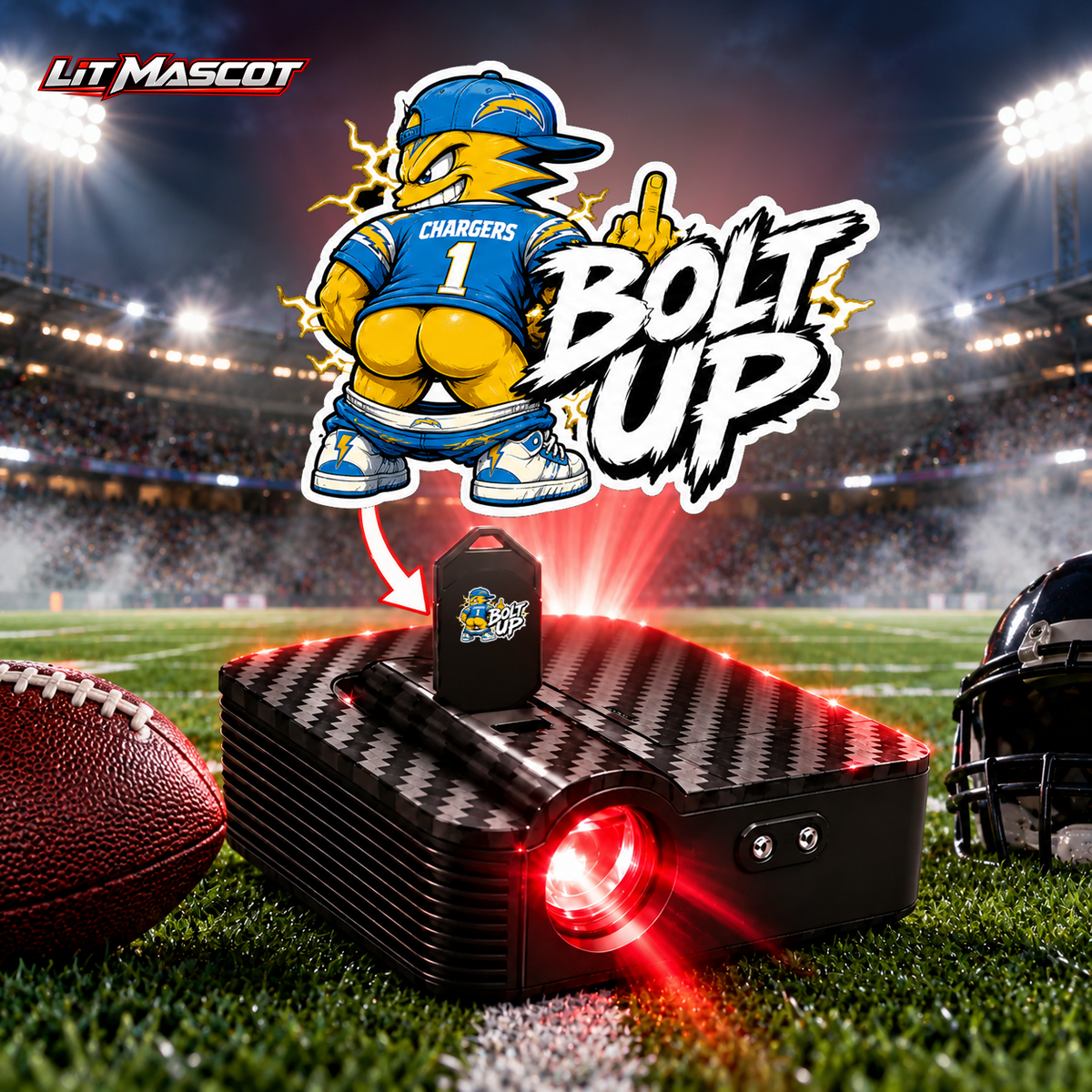 Bolt Up mascot projector light - Full Moon glowing over the Lit Mascot door projector