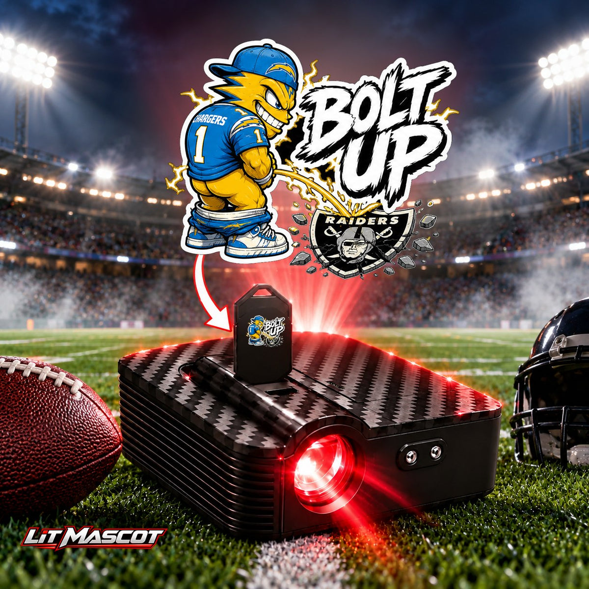 Bolt Up mascot projector light - Star Shower glowing over the Lit Mascot door projector