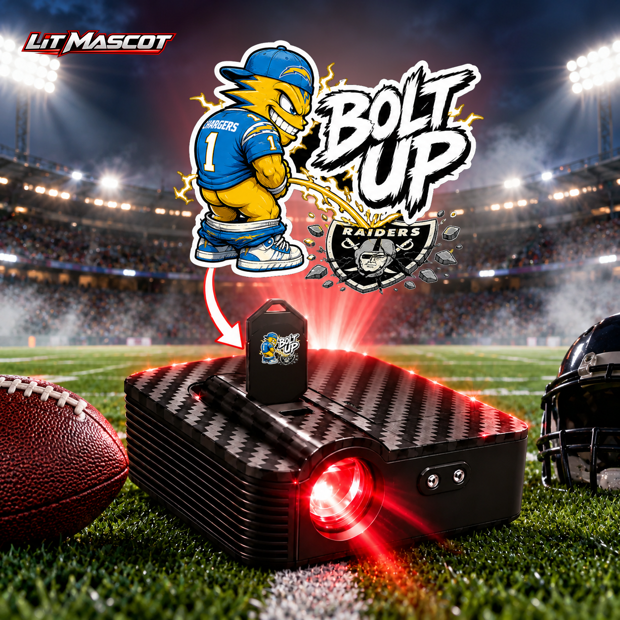 Bolt Up mascot projector light - Star Shower glowing over the Lit Mascot door projector