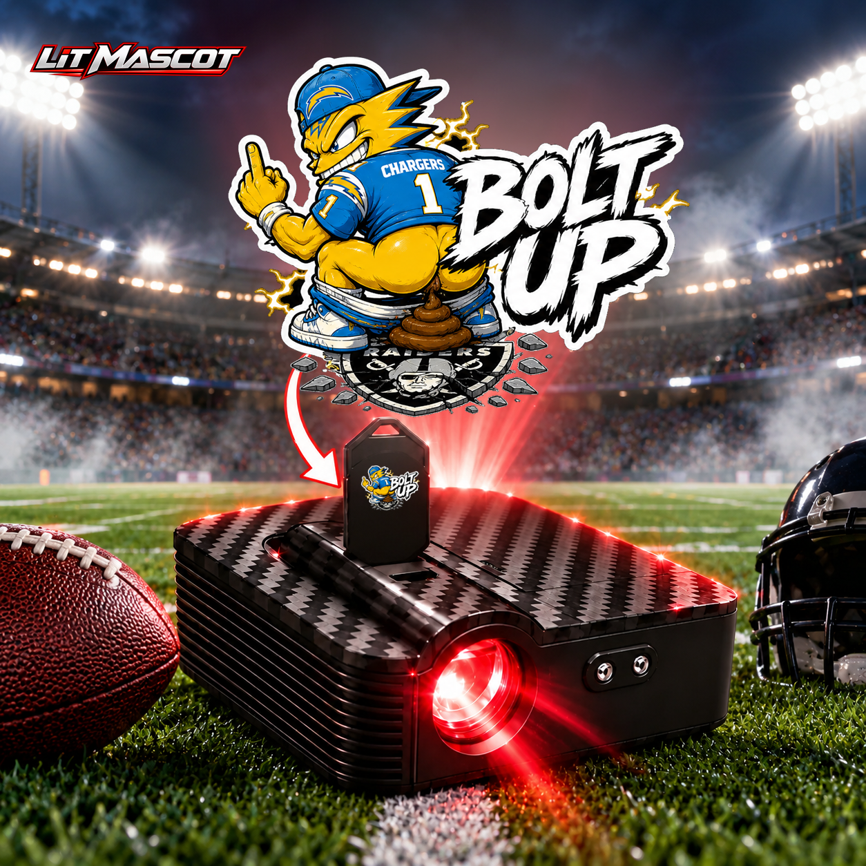 Bolt Up mascot projector light - Bombs Away glowing over the Lit Mascot door projector