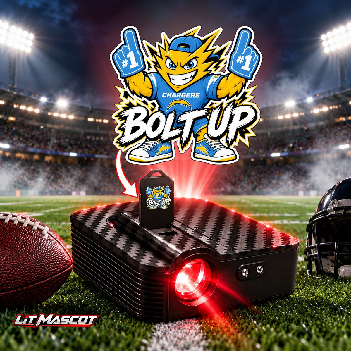 Bolt Up mascot projector light - PG #1 glowing over the Lit Mascot door projector