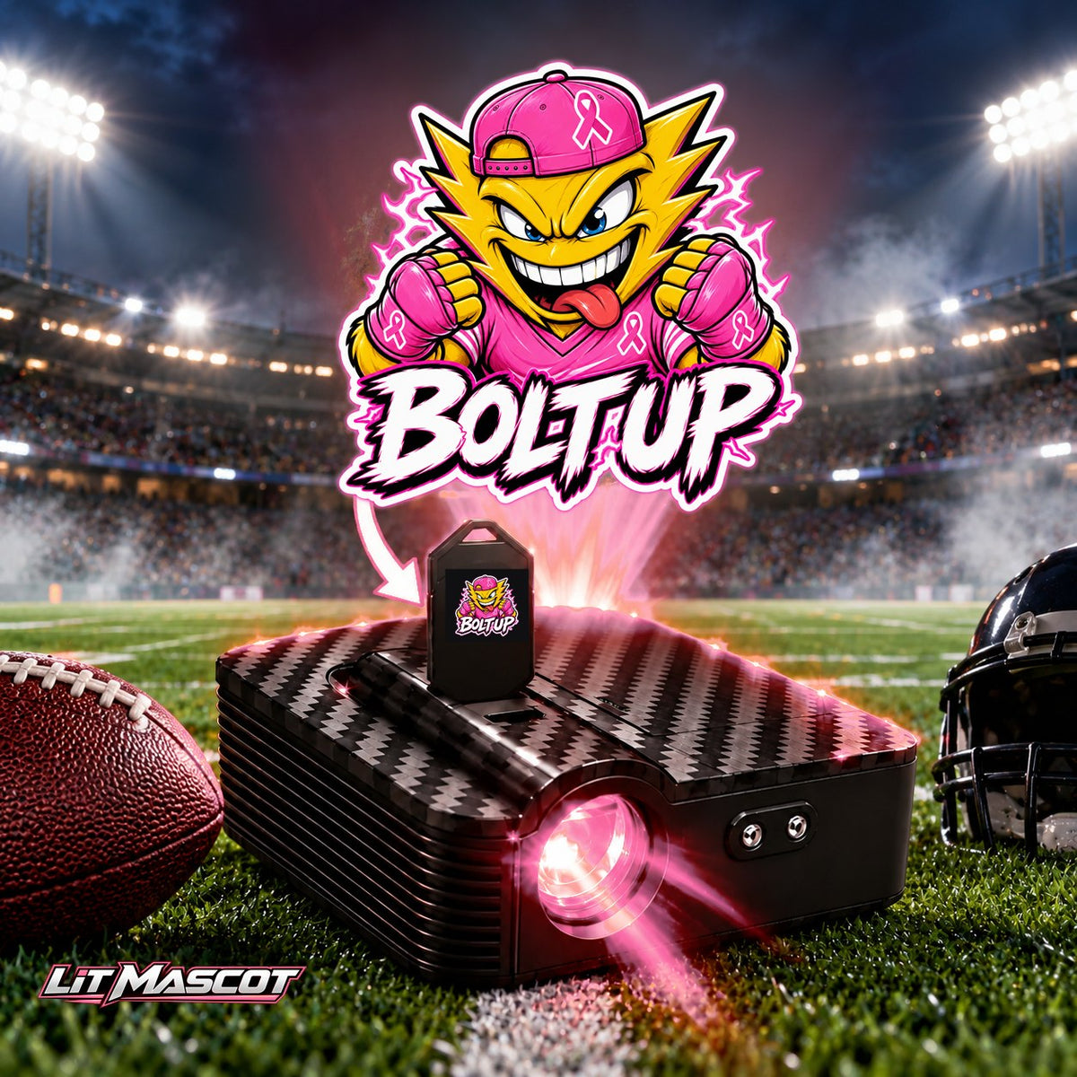 Bolt Up mascot projector light - Pink Fighter glowing over the Lit Mascot door projector