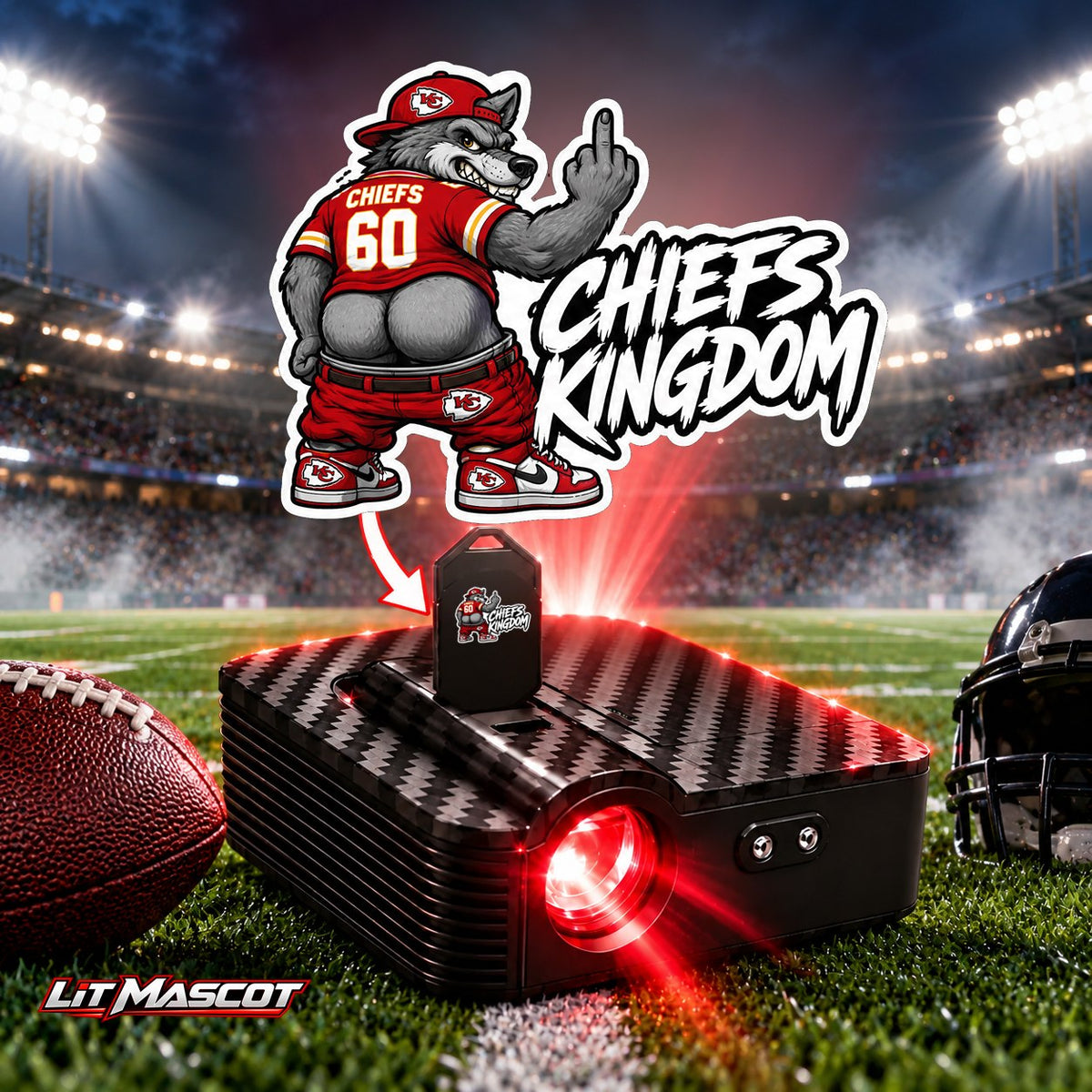 Chiefs Kingdom mascot projector light - Full Moon glowing over the Lit Mascot door projector